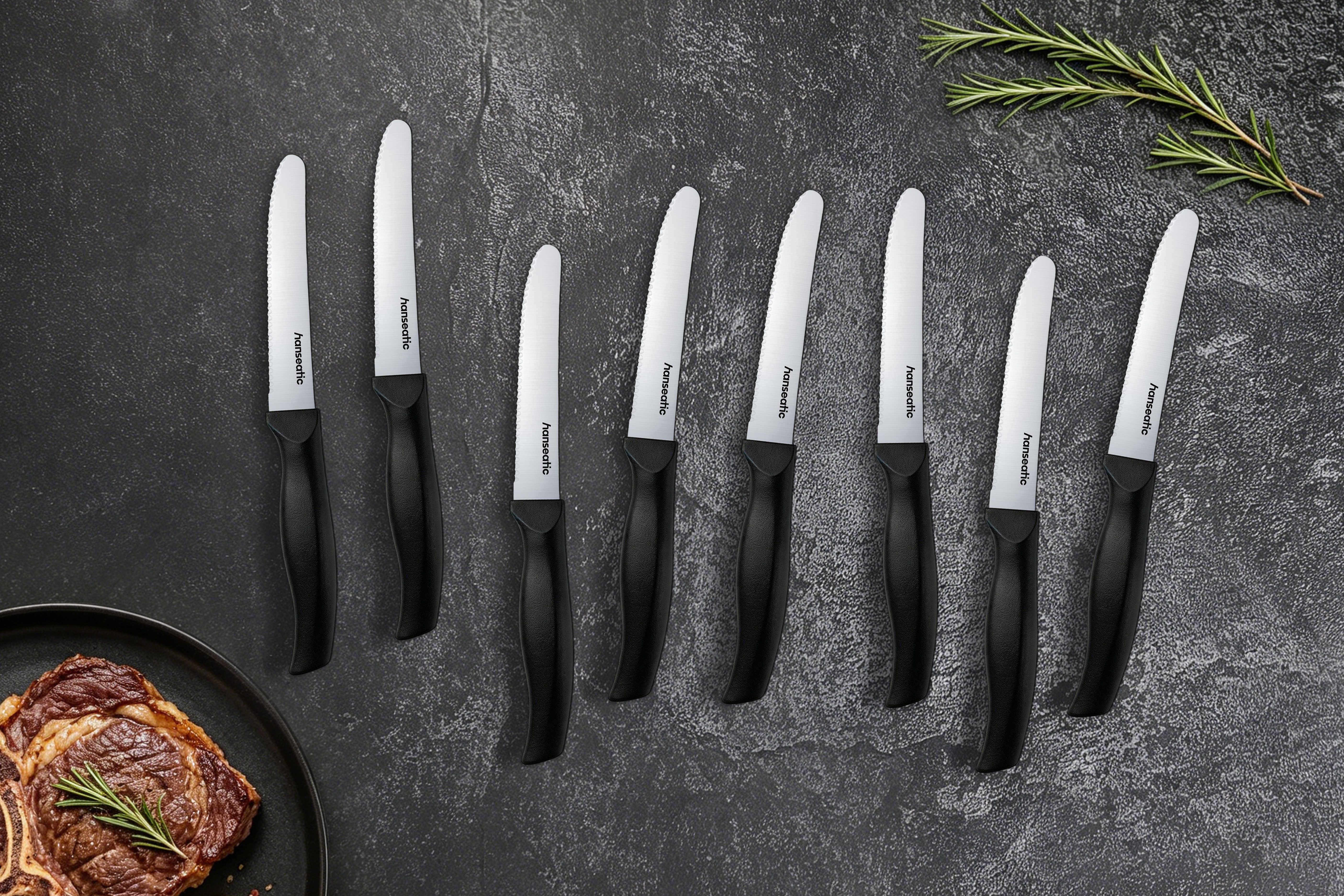 Hanseatic Brotzeitmesser DAILY, Vespermesser, Steakmesser-Set, Klinge mit Wellenschliff (8 Stück), mit ergonomisch geformter Griff, ideal für die Brotzeit