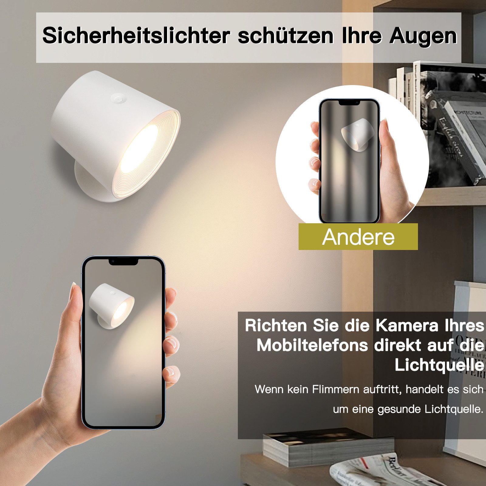 Nettlife LED Wandleuchte Wandlampe Touch 3 Helligkeitsstufen Kabellose, 360° Drehbar, LED fest integriert, Warmweiß Neutralweiß Kaltweiß, Wohnzimmer Kinder Wohn – Bild 4 von 5