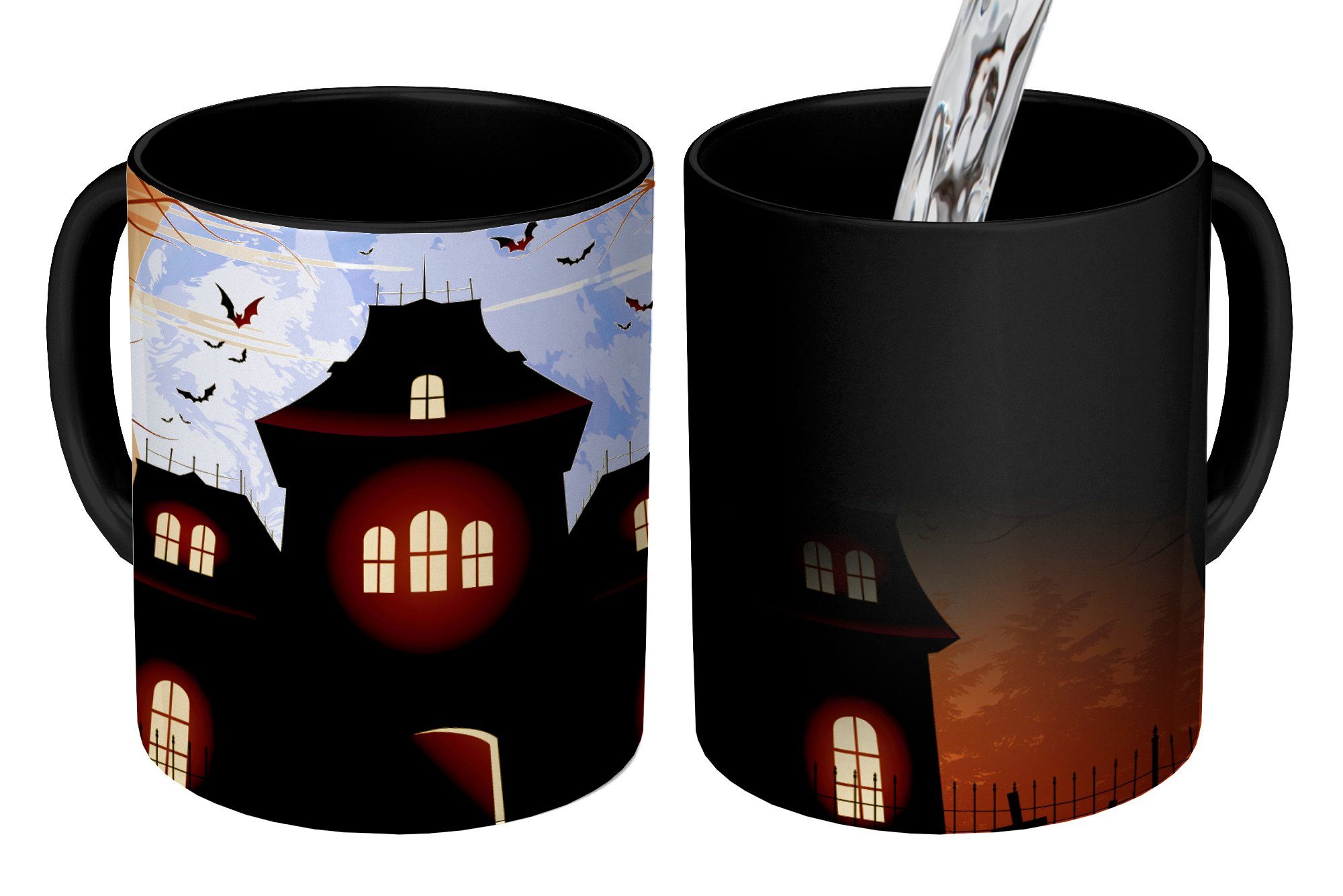 MuchoWow Tasse Ein gespenstisches und einsames Haus während Halloween in einer, Keramik, Farbwechsel, Kaffeetassen, Teetasse, Zaubertasse, Geschenk | Tassen