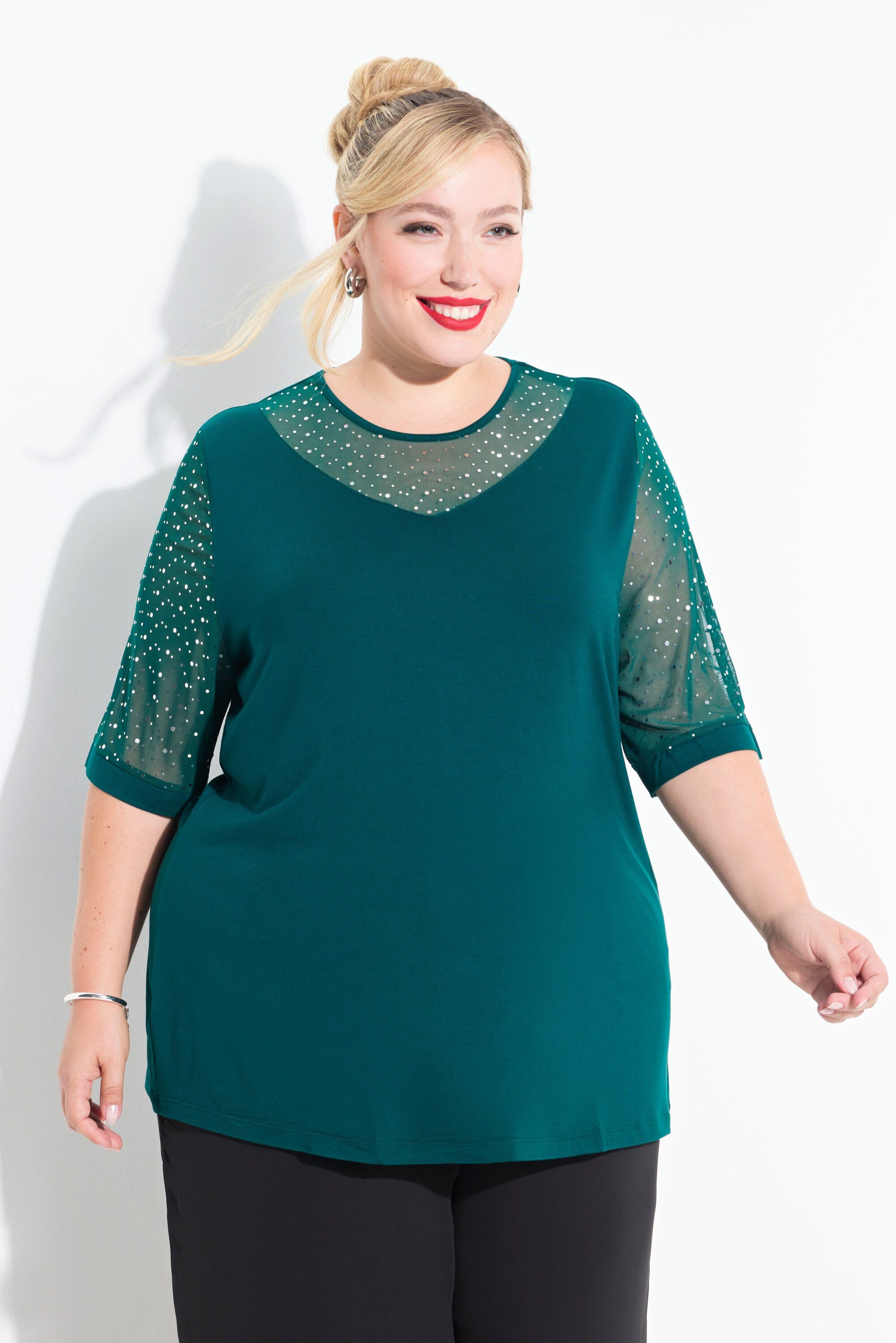 Ulla Popken T-Shirt T-Shirt Classic Fit Mesh mit Pailletten