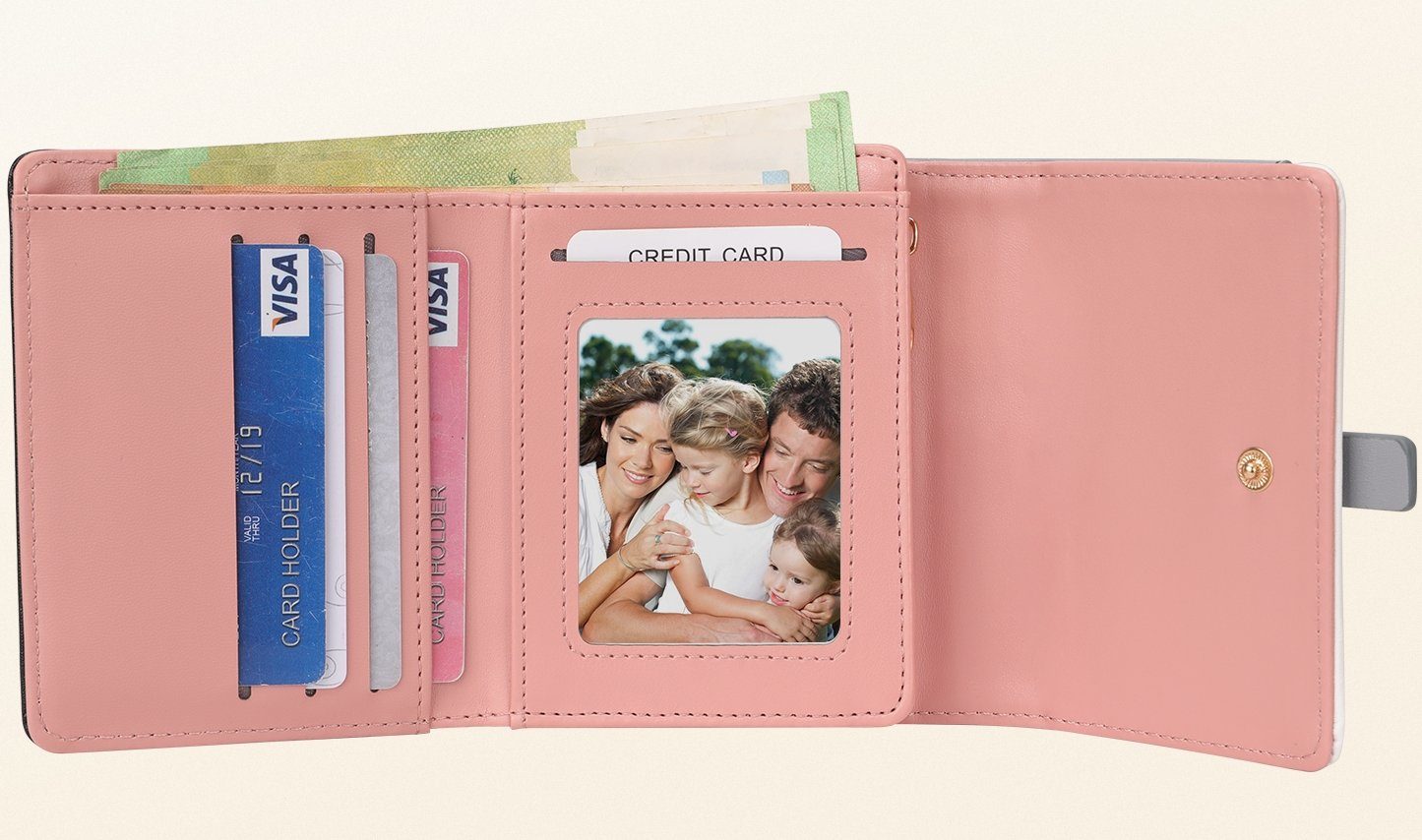 WISHDOR Wallet, geldbörse Portmonee Beige/Weiß/Pink (Frauen x Groß x mit Slim Geldbörse Portemonnaie Kunstleder Damen NFC RFID-Schutz mit Kreditkartenetui, 5 Handtasche Brieftasche Münzfach Weich Kartenhalter), 10.5 Kurz 9.5 Handytasche Kartenfächer, 3.5cm Geldbeutel Kartenetui,