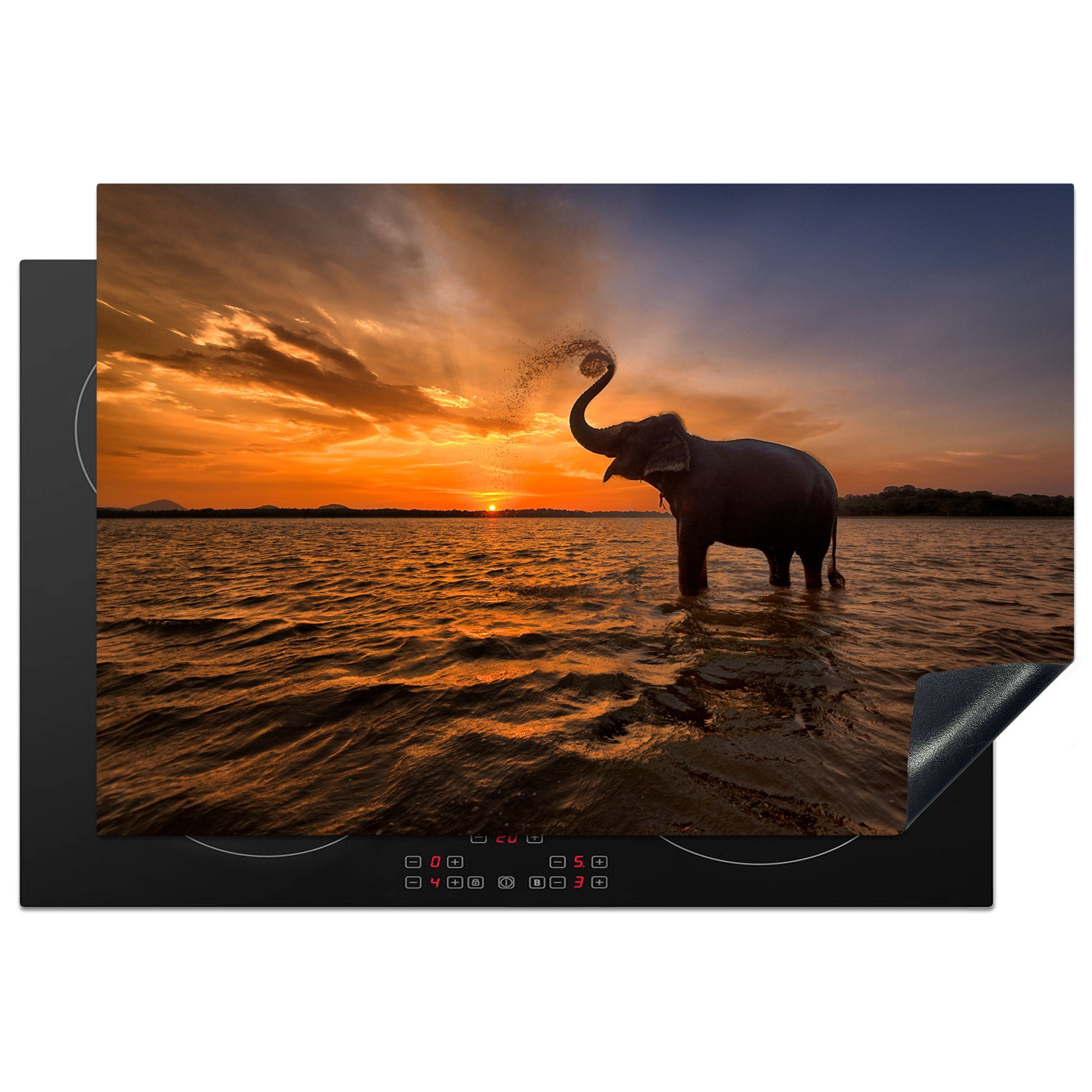 MuchoWow Herdblende-/Abdeckplatte Elefant - Meer - Tiere - Sonnenuntergang - Orange, Vinyl, (1 tlg), 77x51 cm, Ceranfeldabdeckung, Arbeitsplatte für küche