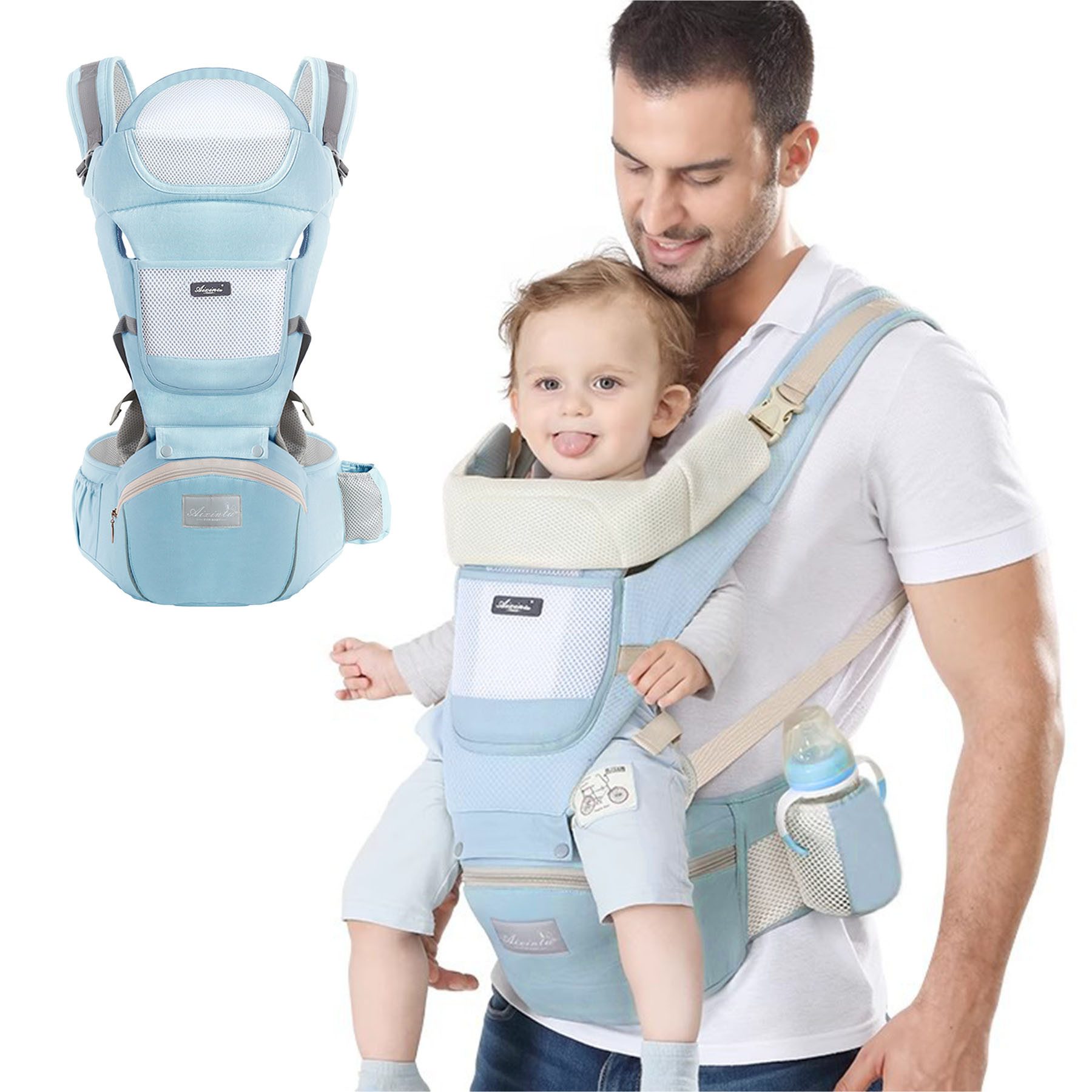 Mutig Bauchtrage Babytrage mit Hüftsitz/reine Baumwolle hellblau (Geeignet für Babys von 3–36 Monaten und 3,2–18 kg Körpergewicht, Aus 100 % Baumwolle und robustem Kunststoff gefertigt,Atmungsaktiv), ideales Geschenk zur Geburt, Babyparty oder für junge Eltern