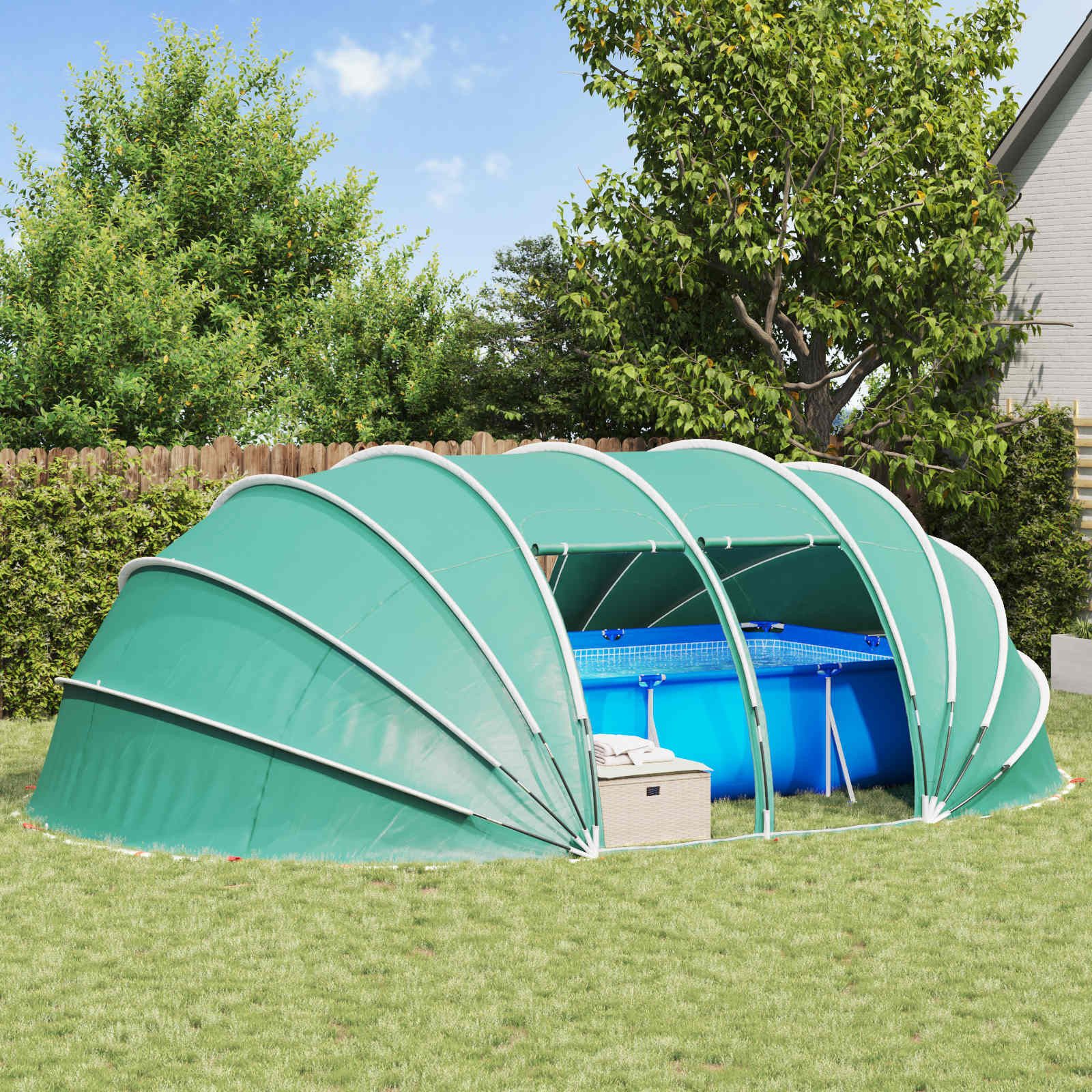 furnicato Poolüberdachung Poolzelt mit Reißverschlusstüren 538x440x204 cm Grün, Wetterfeste Poolüberdachung mit PU-Beschichtung und Erdankern