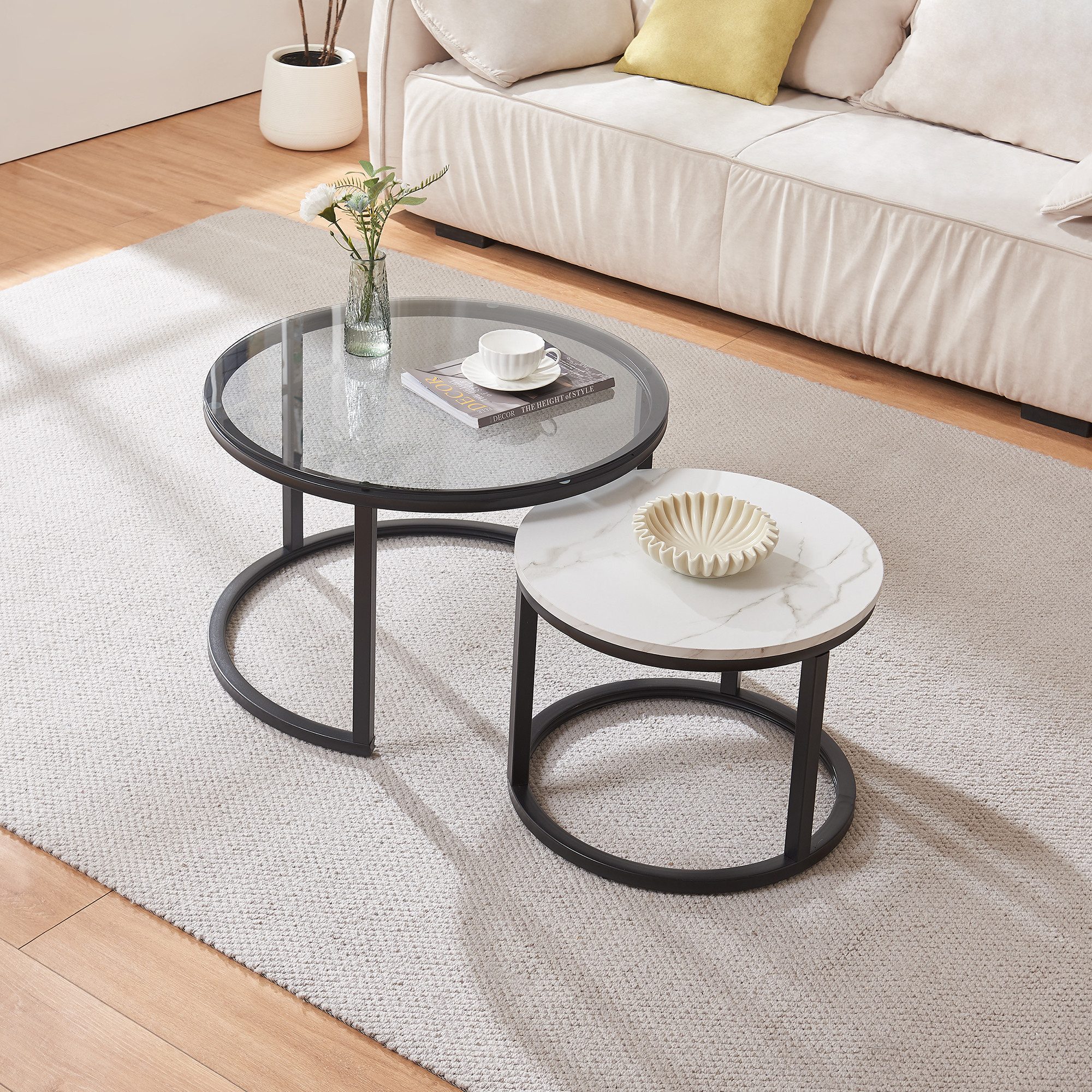 en.casa Couchtisch (Set, 2-St), »Kokkola« Satztisch rund Metall Rauchglas/M günstig online kaufen