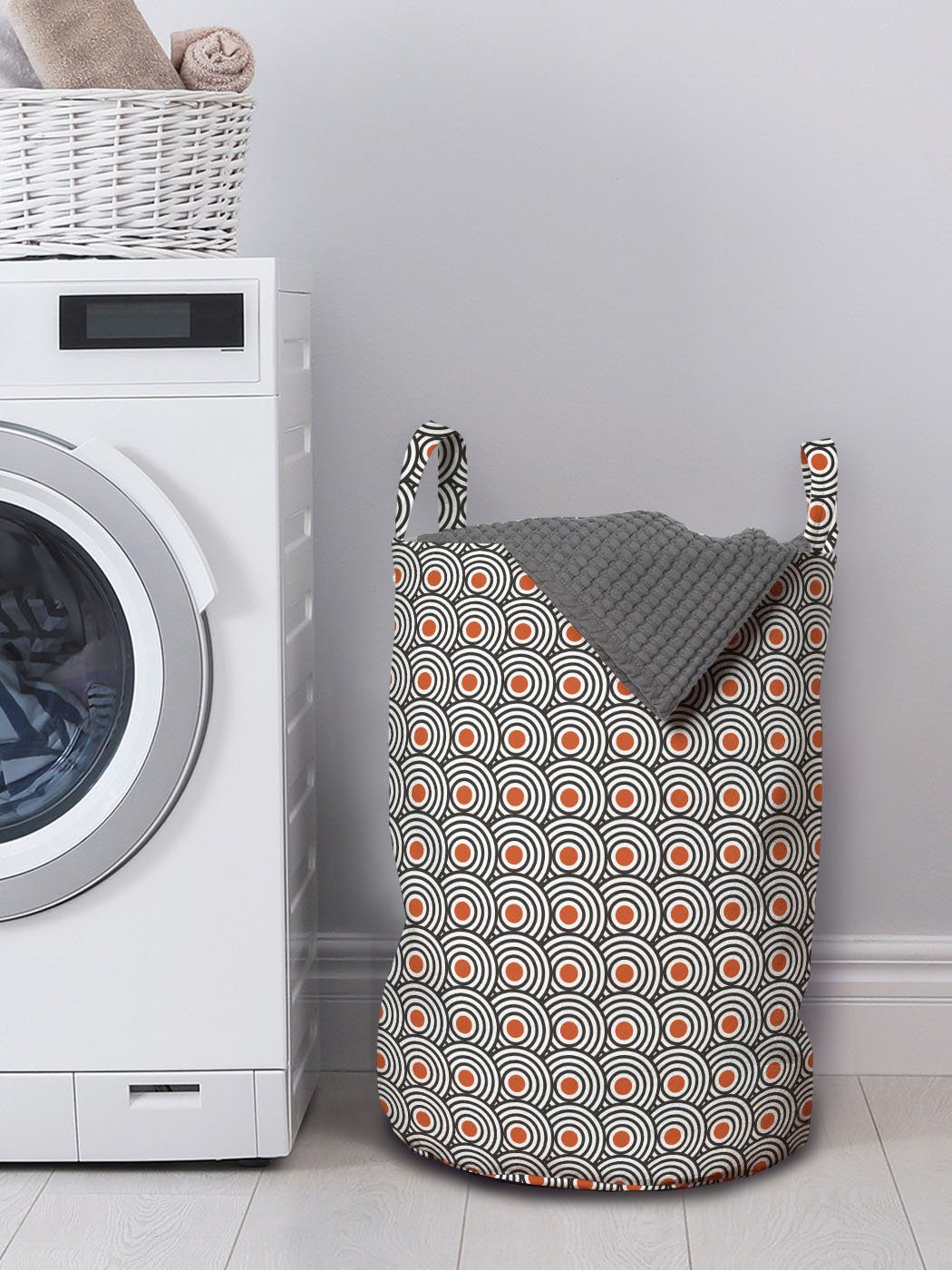 Retro Kordelzugverschluss mit Wäschesäckchen Abstrakte Waschsalons, Spiralen Wäschekorb Schwarz für Griffen Abakuhaus
