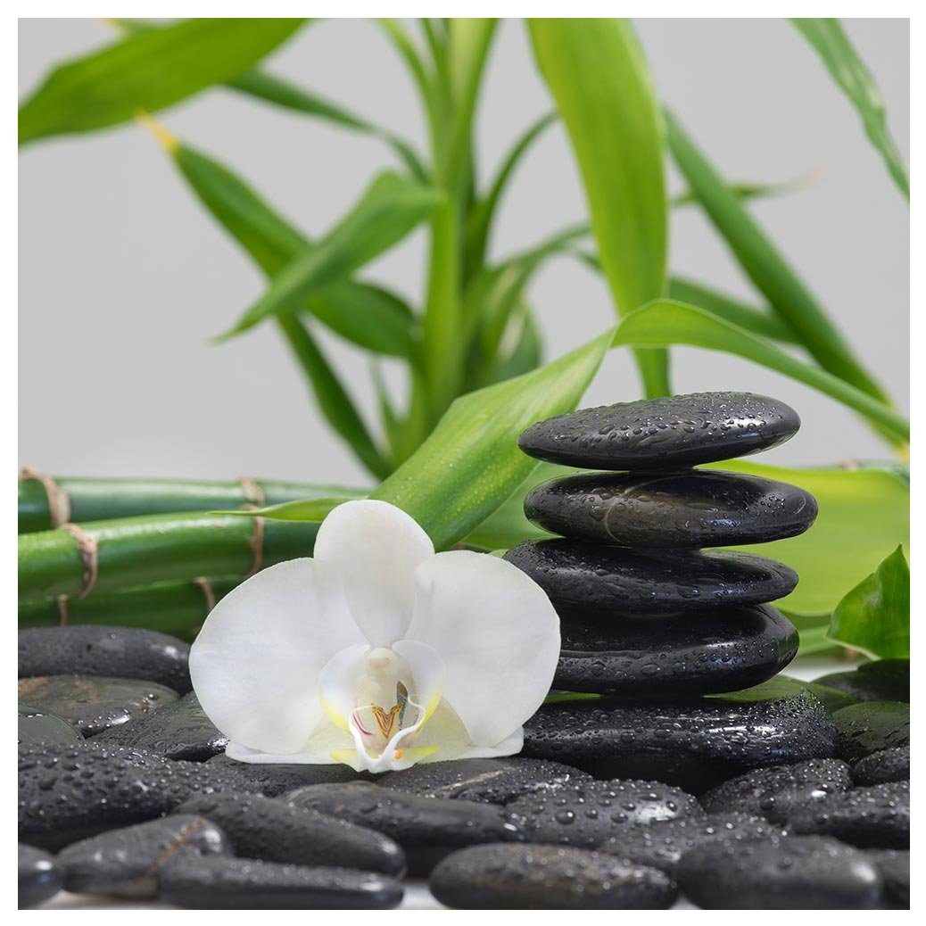 Levandeo® Wandbild, Glasbild 30x30cm Bambus Orchideen Steine Wandbild Deko Relax Wellness