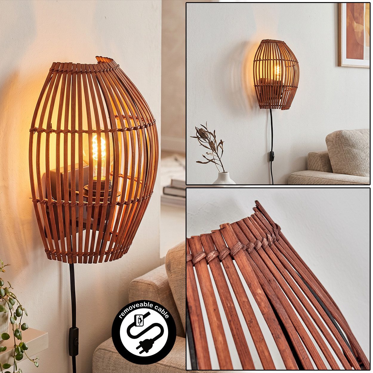 hofstein Wandleuchte Wandlampe aus Metall/Bambbus in Schwarz/Dunkelbraun, ohne Leuchtmittel, Leuchte im Boho-Design mit Gitterschirm und Lichteffekt, E27