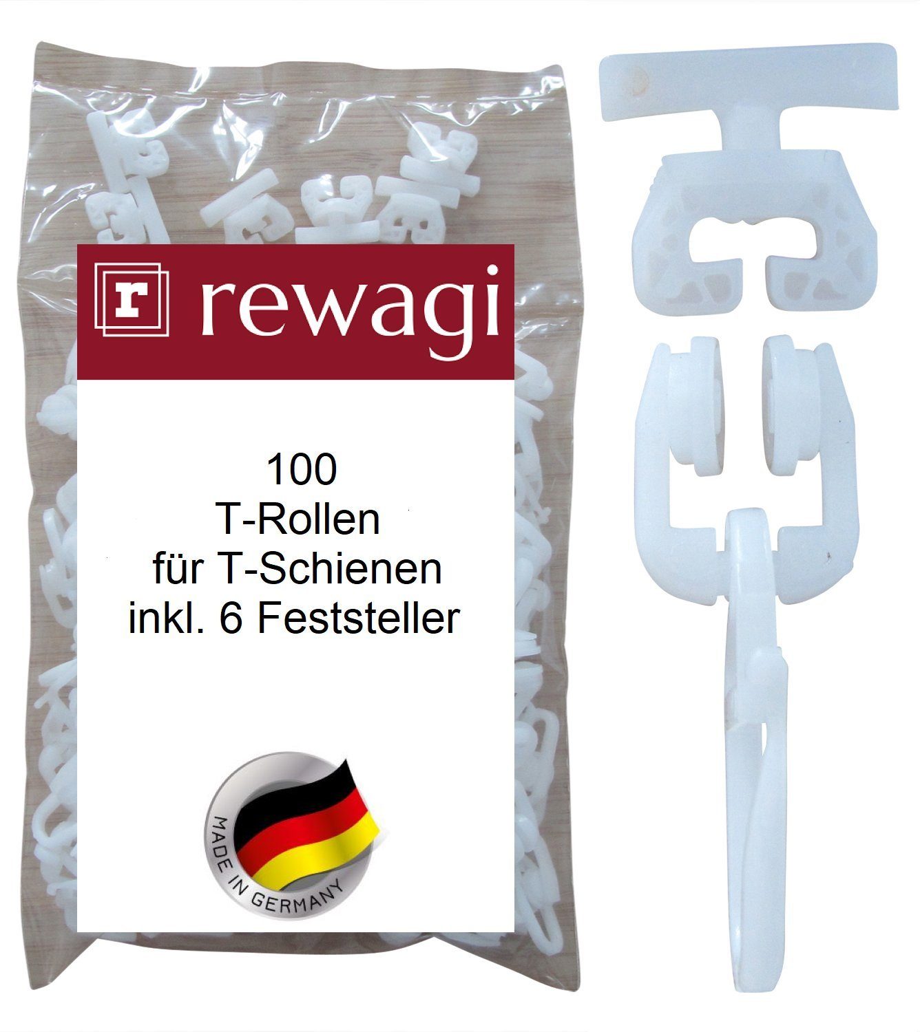 rewagi Gardinenhaken 100 T-Rolle mit Faltenhaken - inkl. 6 Feststeller für T-Schienen - SLU, Gardinen, Vorhänge, Gardinen T-Schienen, (106-St), Für Wohnmobil
