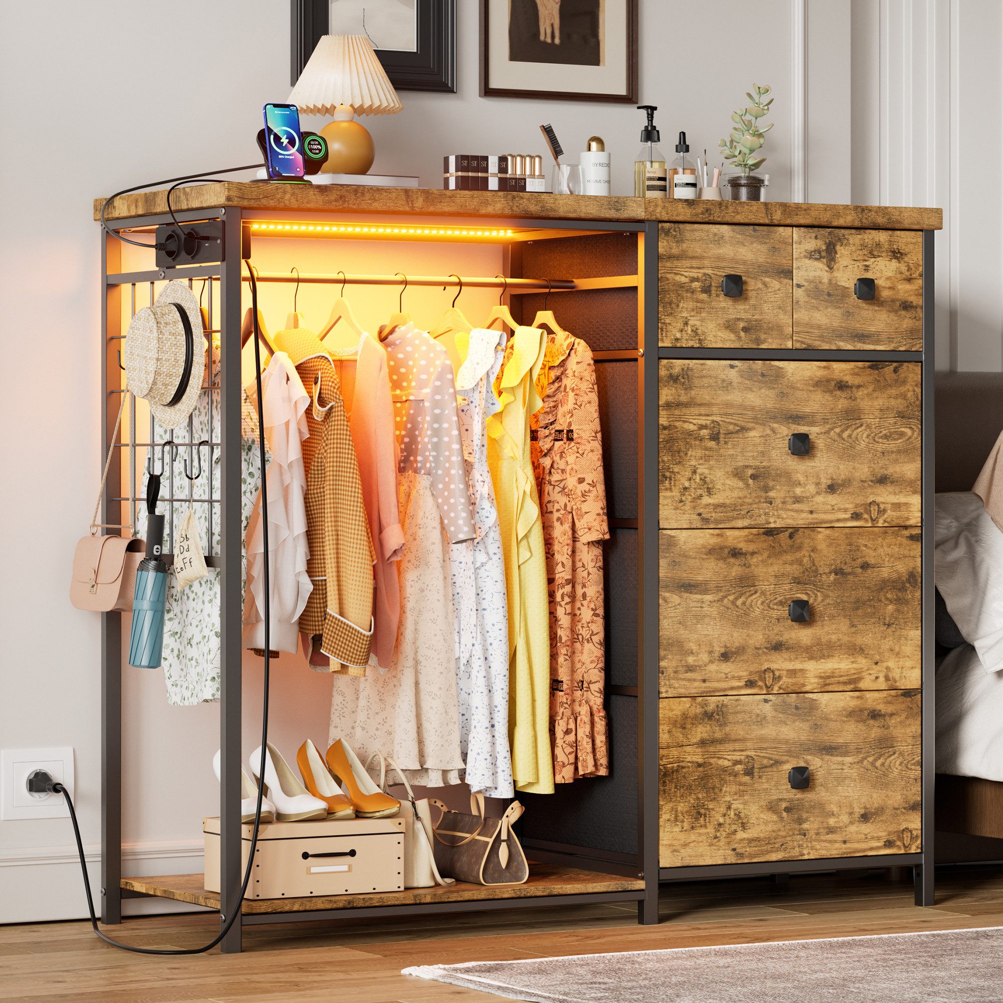 TWSOUL Garderoben-Set 3-in-1 Schubladenschrank 5 Schublade, mit LED, 2 USB günstig online kaufen