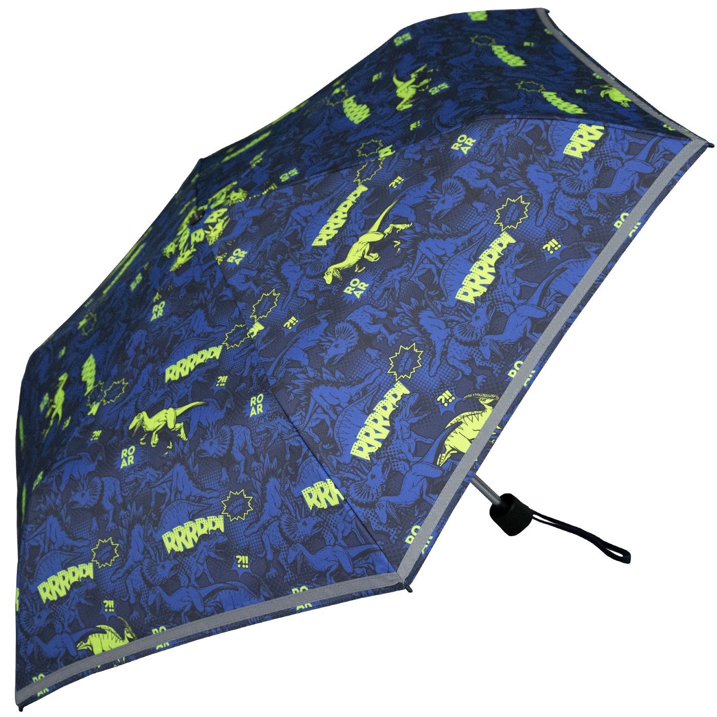 auf reflective Taschenregenschirm mit Reflexborte, dem Dinos Schulweg, Kinderschirm Knirps® neonfarbene 4Kids Sicherheit