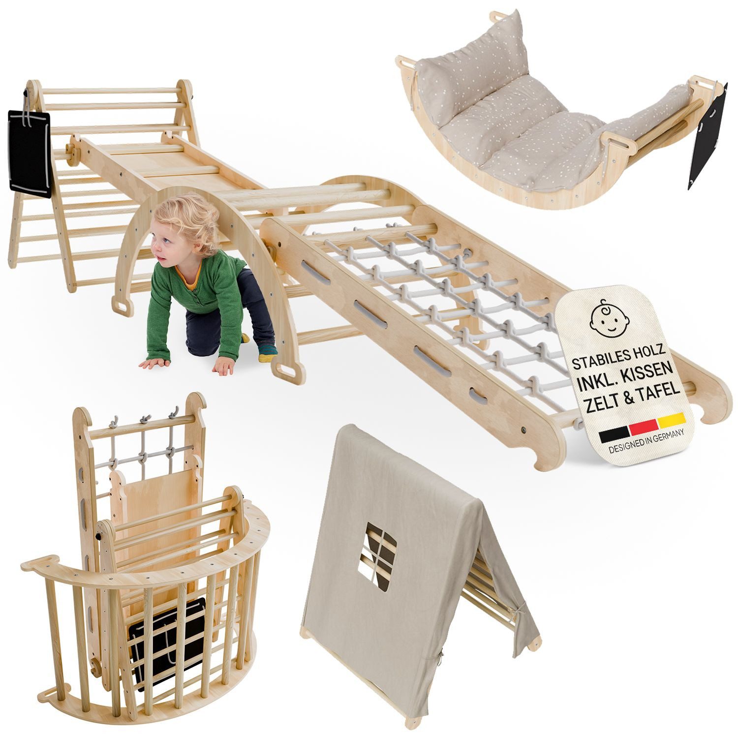 Juskys Klettergerüst Movario Groß, (6-St), Indoor Kletterdreieck, Kletterbogen mit Kissen, Rutsche, Tafel