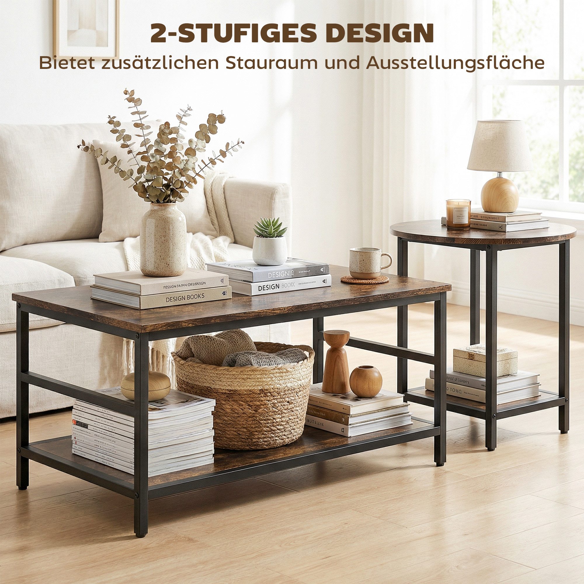 HOMCOM Beistelltisch Couchtisch mit Ablagen (Wohnzimmertisch, 2-St., Kaffeetisch), für Wohnzimmer, Schlafzimmer, Rustikal-Braun – Bild 5 von 5