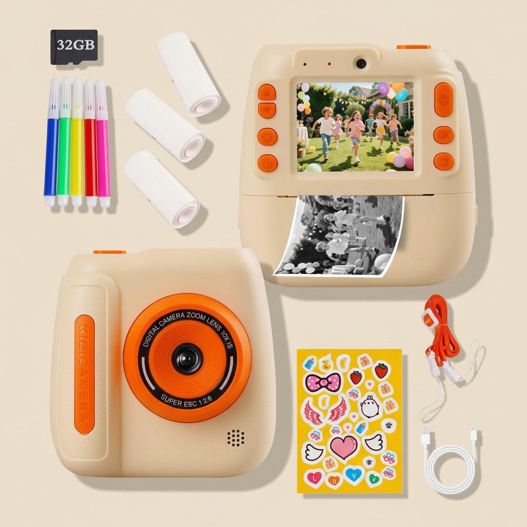 kowdom Kinder Sofortbildkamera, Thermodruck, 1080P HD, 32GB Karte + 3 Rollen Sofortbildkamera (12 MP, 10x opt. Zoom, Thermodruck, Filter, Bilderrahmen)