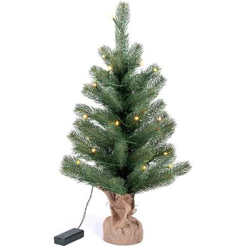 IC Winterworld Künstlicher Weihnachtsbaum LED-Tannenbaum, künstlicher Christbaum, Höhe ca. 60 cm, Nordmanntanne, Weihnachtsdeko mit Jutebeutel um den Betonfuß, Batteriebetrieb