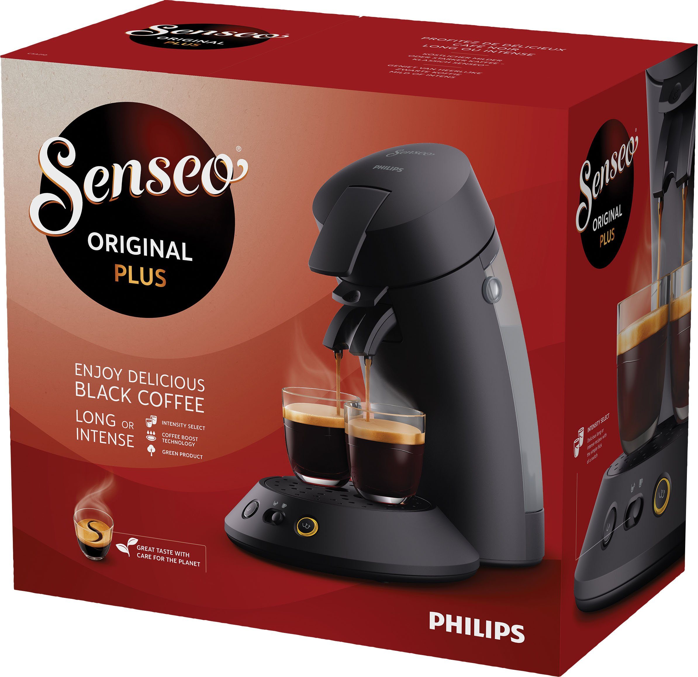 Philips Senseo Kaffeepadmaschine Plus mit Plastik CSA 210/60, aus 2 Original und 28% mattschwarz Kaffeespezialitäten, recyceltem