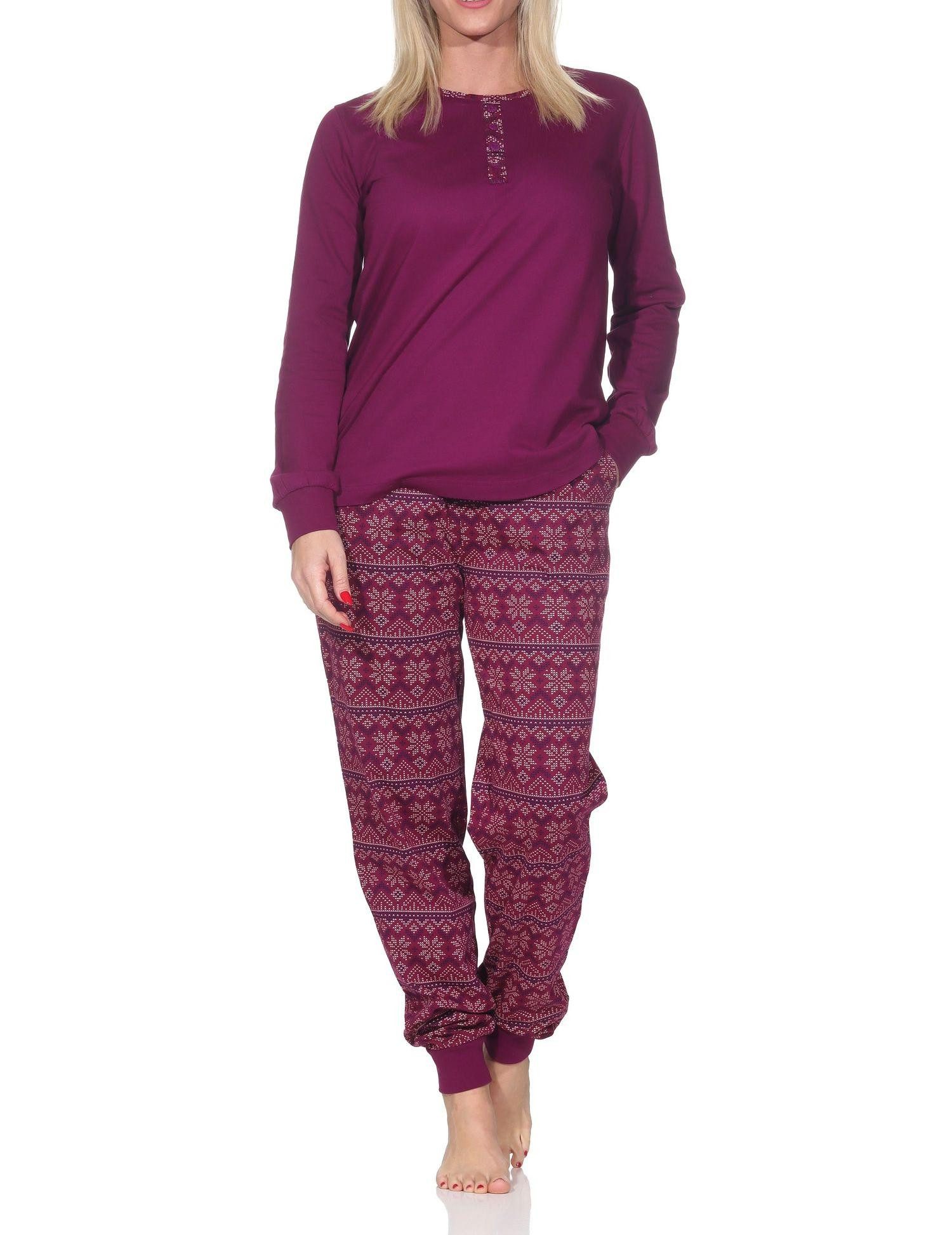 Normann Pyjama Damen Schlafanzug lang mit Bündchen im Ethnolook - auch in Übergrößen
