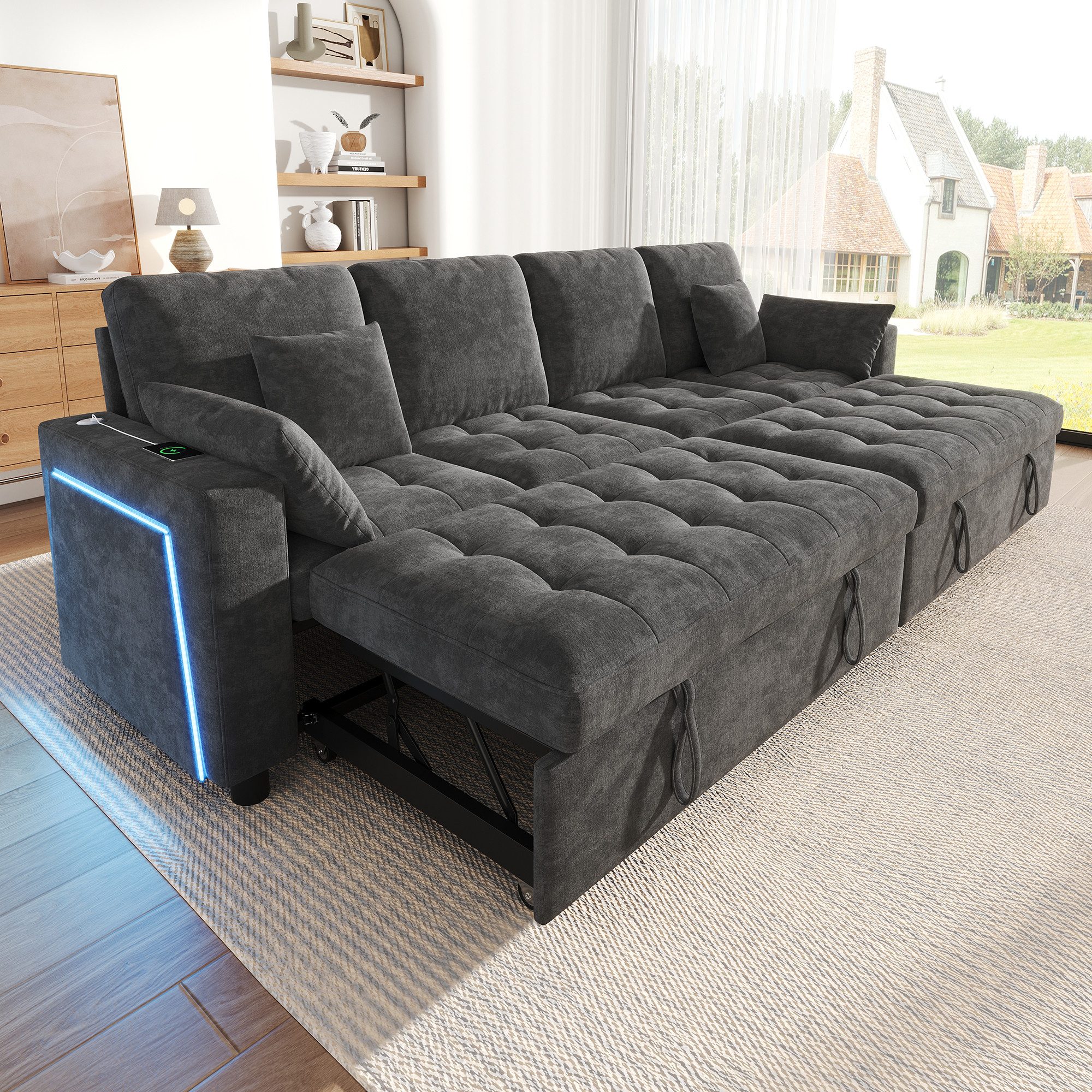 Merax Schlafsofa mit Schlaffunktion,L-förmiges Sofa mit 3-fach verstellbare Rückenlehne, Chenille, 4 Kissen, 262,5x140x89cm 1 Teile, 4-Sitzer-Sofa mit LED USB Type-C,Ecksofa mit ausziehbaren Schlafplätze