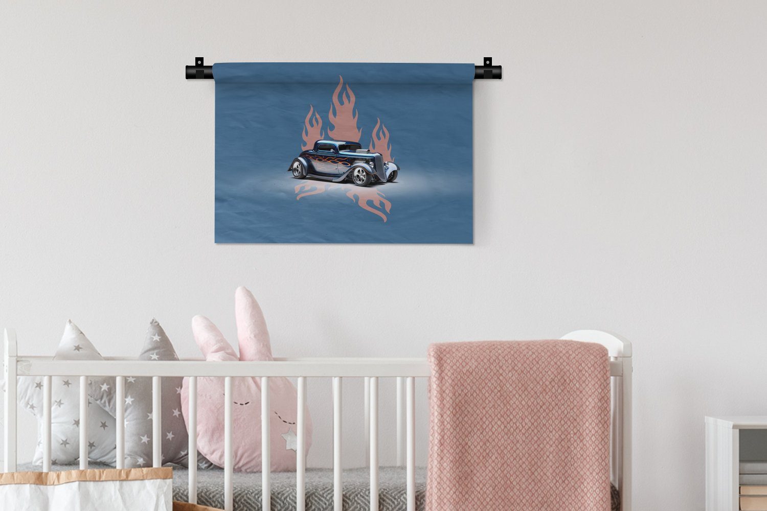 MuchoWow Wanddekoobjekt Auto - Blau - Kleid, Vintage, Wohnzimmer, Kinderzimmer für Wanddeko Flammen Schlafzimmer, - Wandbehang