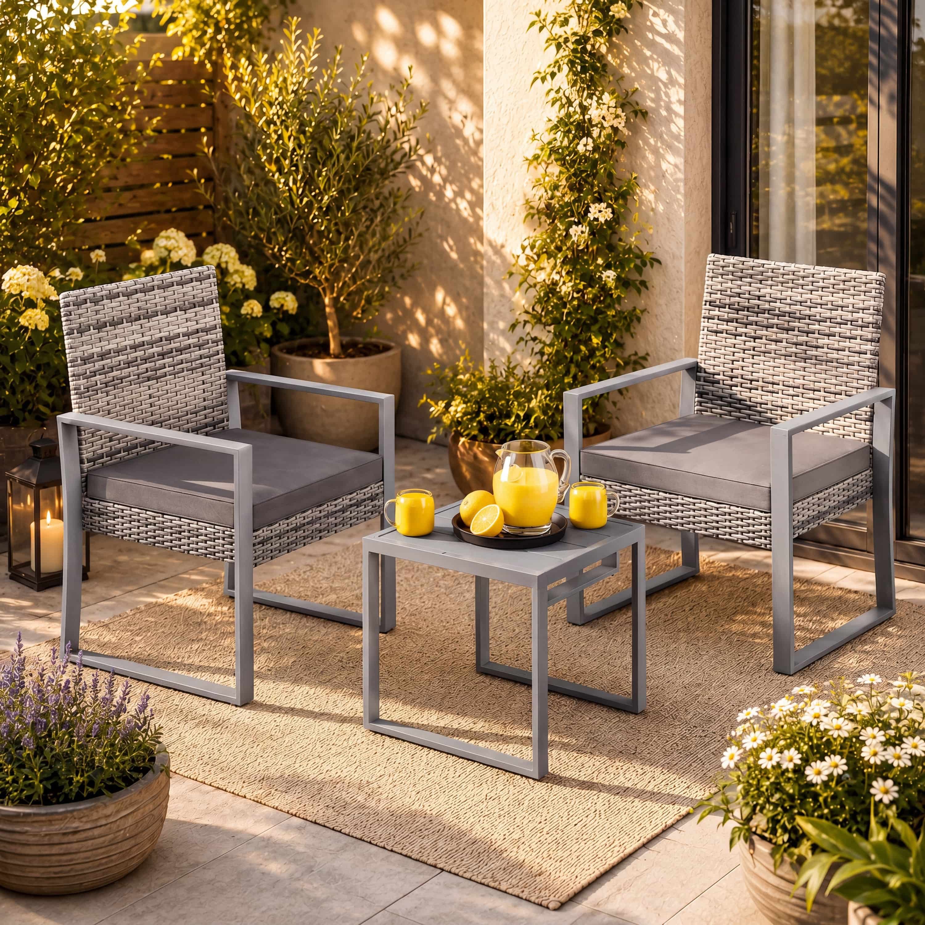 Casaria Balkonset, Polyrattan 2 Komfortstühle mit Auflagen WPC Tisch wetterfest 160kg