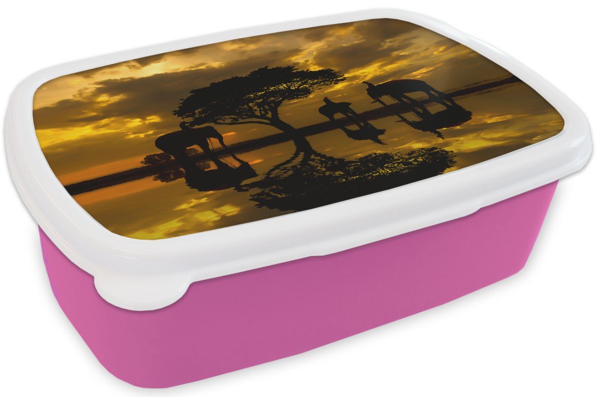 Kinder, (2-tlg), bei Mädchen, Elefanten Lunchbox Kunststoff, Brotdose Kunststoff Erwachsene, Silhouette Brotbox thailändischen der MuchoWow Snackbox, Sonnenaufgang, für rosa