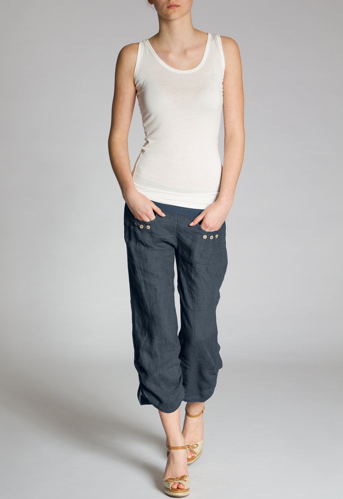 Caspar Leinenhose KHS017 Damen 3/4 Hose aus robustem Leinen mit breitem Stretch Bund - Made in Italy