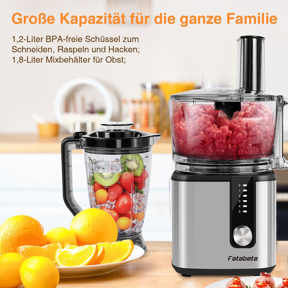 7MAGIC Küchenmaschine 9 in 1 Multifunktional Food Processor, Kompakt Küchenmaschine, 750 W, 1.2 l Schüssel, inkl. Zerkleinerer, 1,8L mixerbecher und weiteres Schneidzubehör