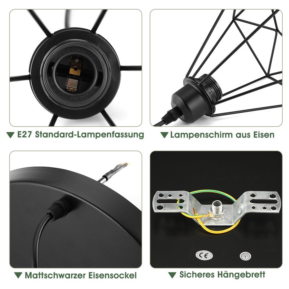 Industrial E27 Pendelleuchte LETGOSPT 3-lamig(mit Pendelleuchte E27-Glühbirne) Retro Vintage 3-flammig Deckenlampe