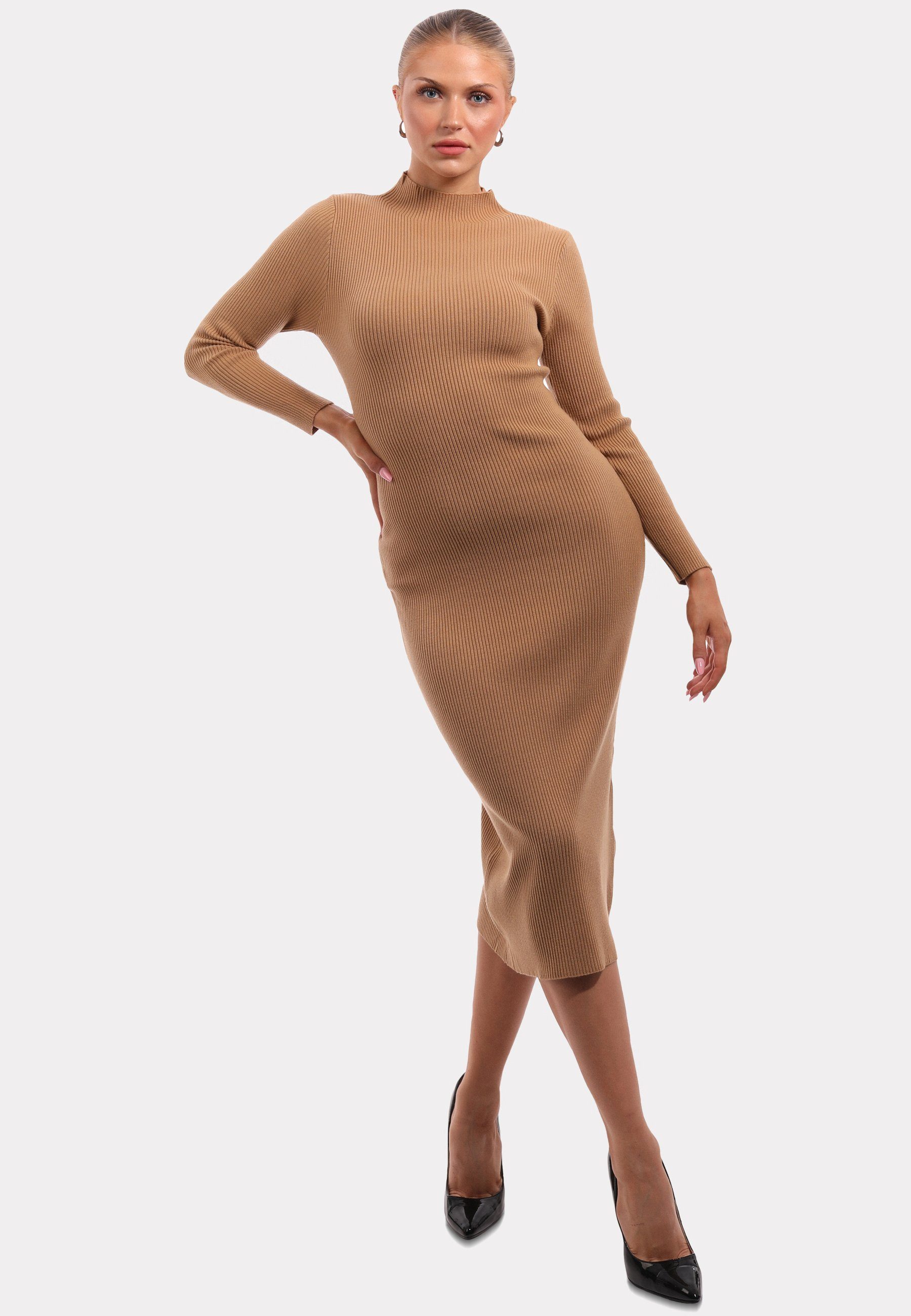 YC Fashion & Style Strickkleid Strickkleid mit Stehkragen KNIT DRESS (1-tlg) in Unifarbe camel