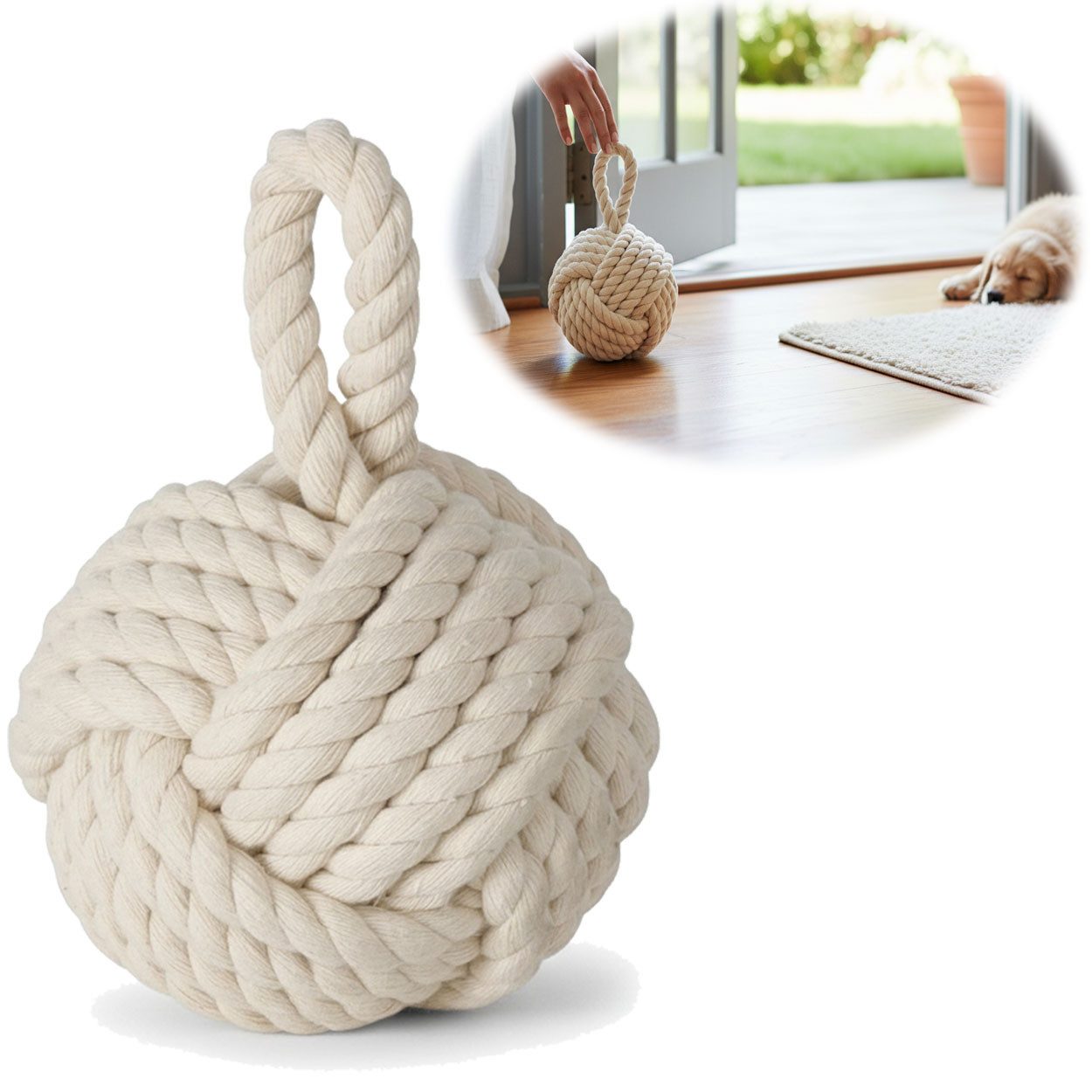 LS-LebenStil Bodentürstopper Boden Türstopper Malmö 23cm Creme Weiß 1,3kg Jute Knoten Tragegriff (Handgearbeitet Bodenstopper Türpuffer Türhalter Türsack Türkeil Tür Stopper Sack Fensterstopper Boden Stopper Buchstütze)