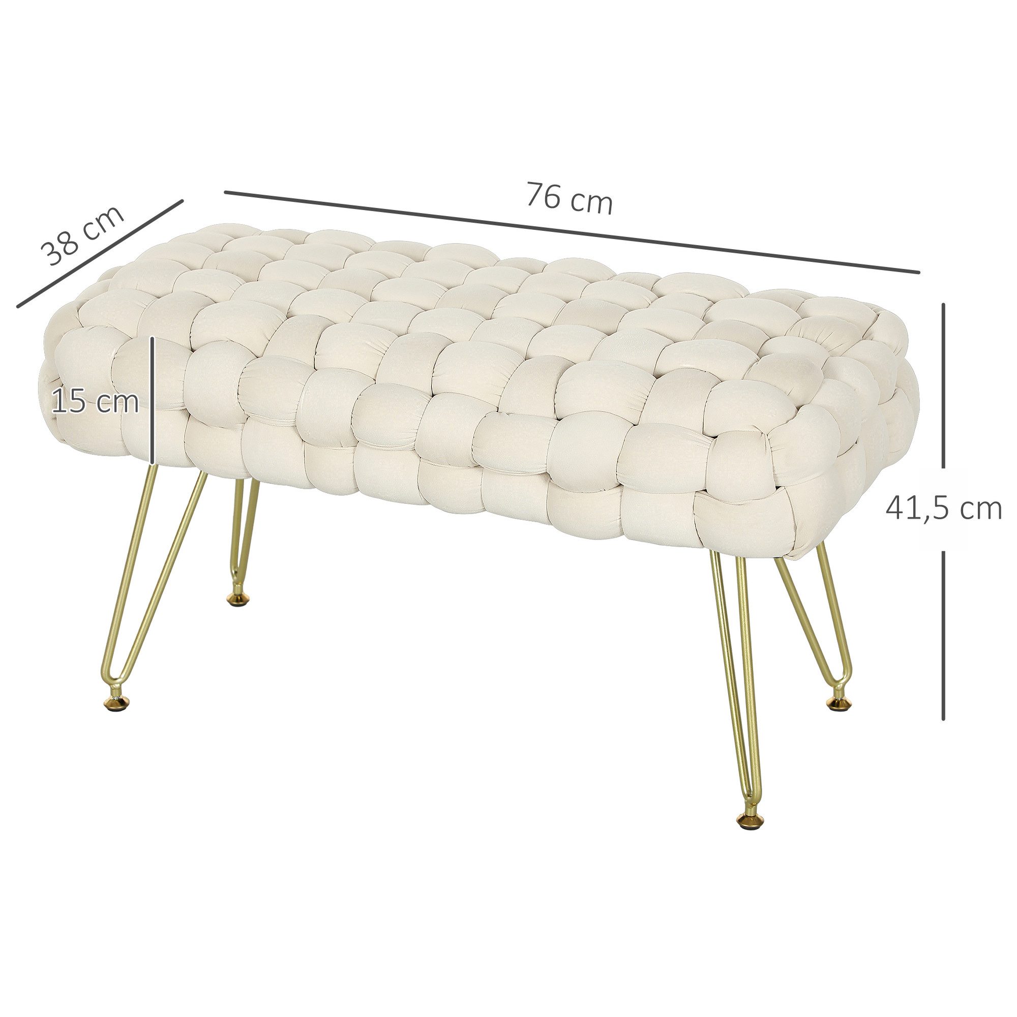 HOMCOM Fußhocker mit Samtoptik, gepolstertem Sitz, Metallbeine, Fußstütze (Sitzhocker, 1 St., Polsterhocker), für Wohnzimmer, Schlafzimmer, 76 x 38 x 41,5 cm, Cremeweiß