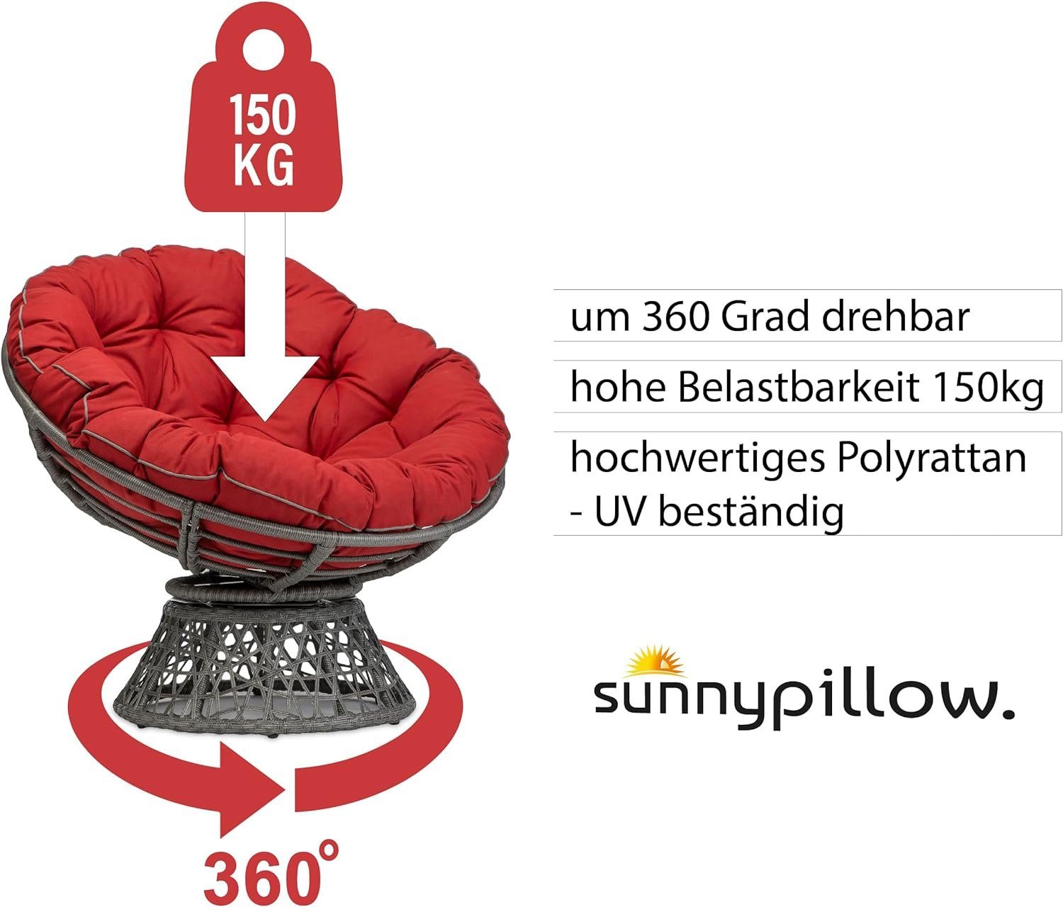 sunnypillow Rattanstuhl Papasansessel, Rattansessel mit Kissen rund Durchmesser 120 cm, Rot