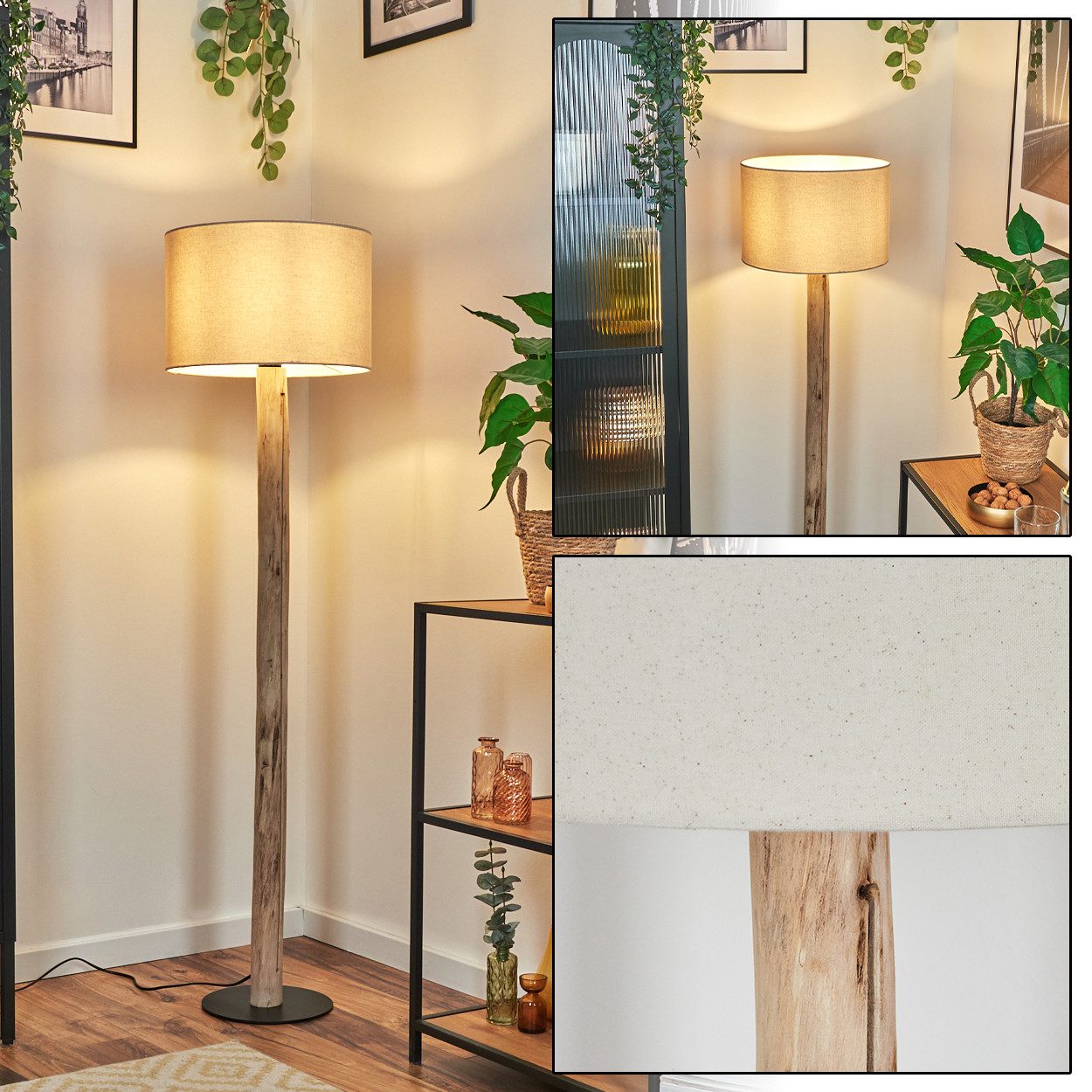 hofstein Stehlampe Stehlampe aus Holz/Metall im skandinavischen Design, Stehleuchte im Boho-Style mit Fußschalter und Stoffschirm, E27, 145 cm