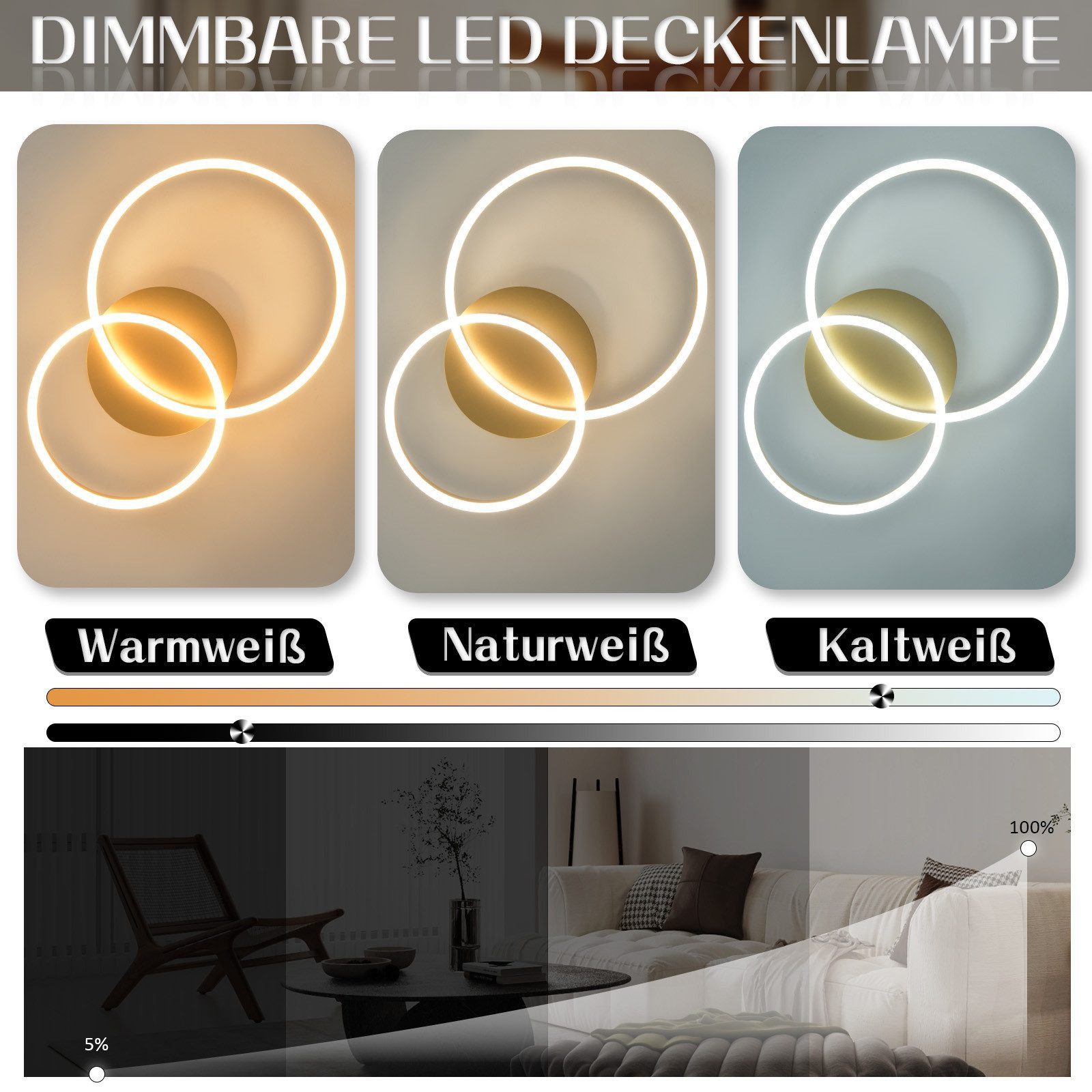 Nettlife LED Deckenleuchte Gold / Silber / Schwarz Wohnzimmerlampe Modernes Dimmbar 59 cm, LED fest integriert, Geeignet für Wohnzimmer, Schlafzimmer, Küche, Esszimmer, Büro