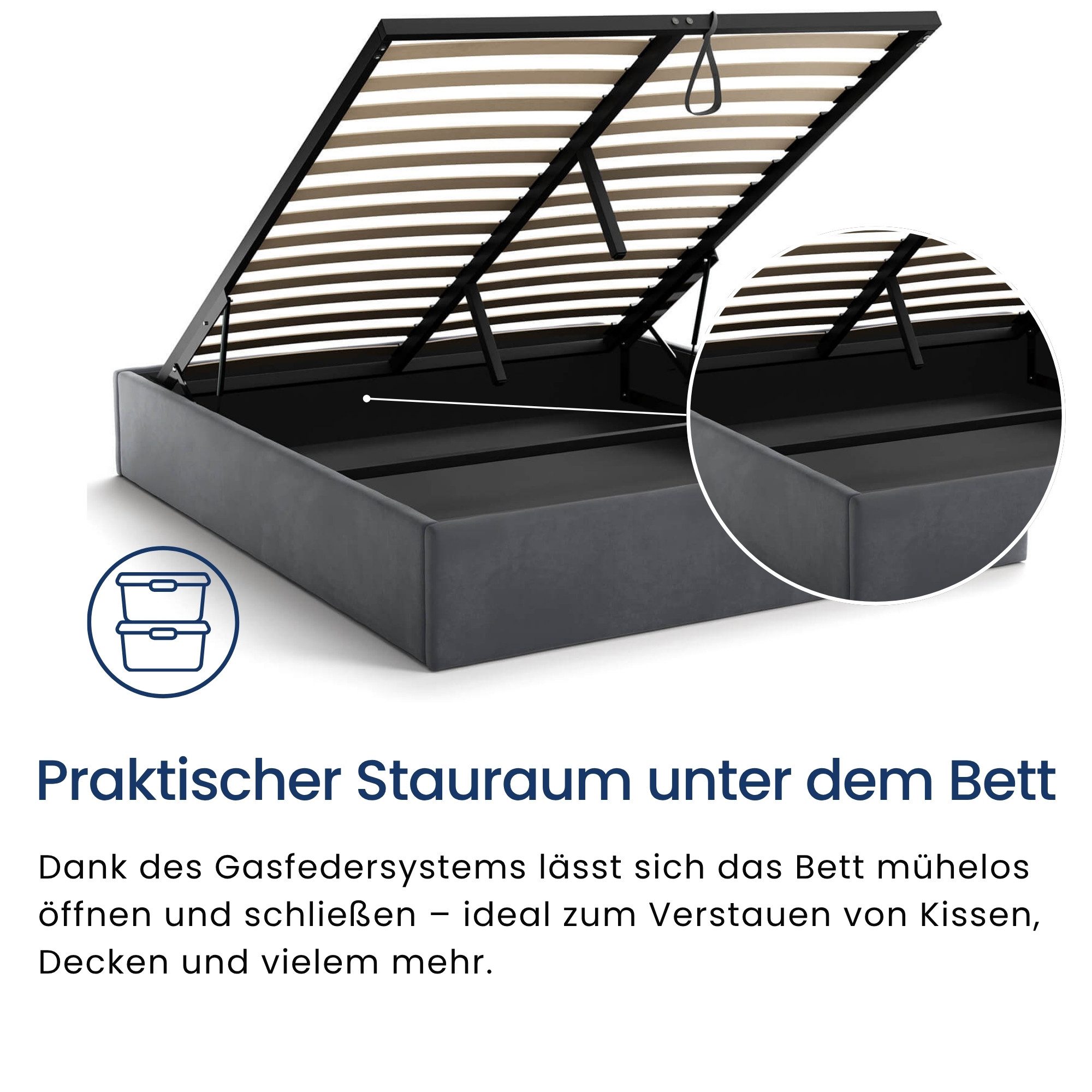 Home Collective Polsterbett Bett Doppelbett Bettgestell mit Lattenrost & Stauraum, platzsparend ohne Kopfteil, weiche Samtpolsterung, 140x200 cm graphit – Bild 4 von 5