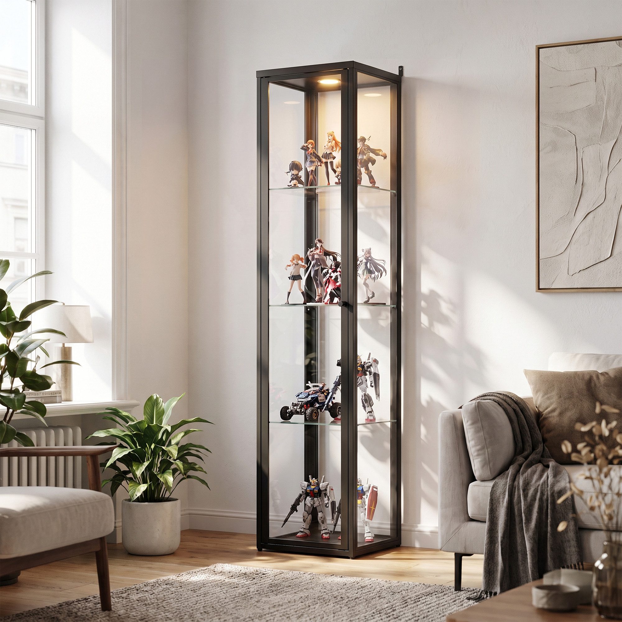 FUFU&GAGA Glasvitrine 150cm Sammlervitrine Schwarz mit LED-Beleuchtung, 4 Ebenen