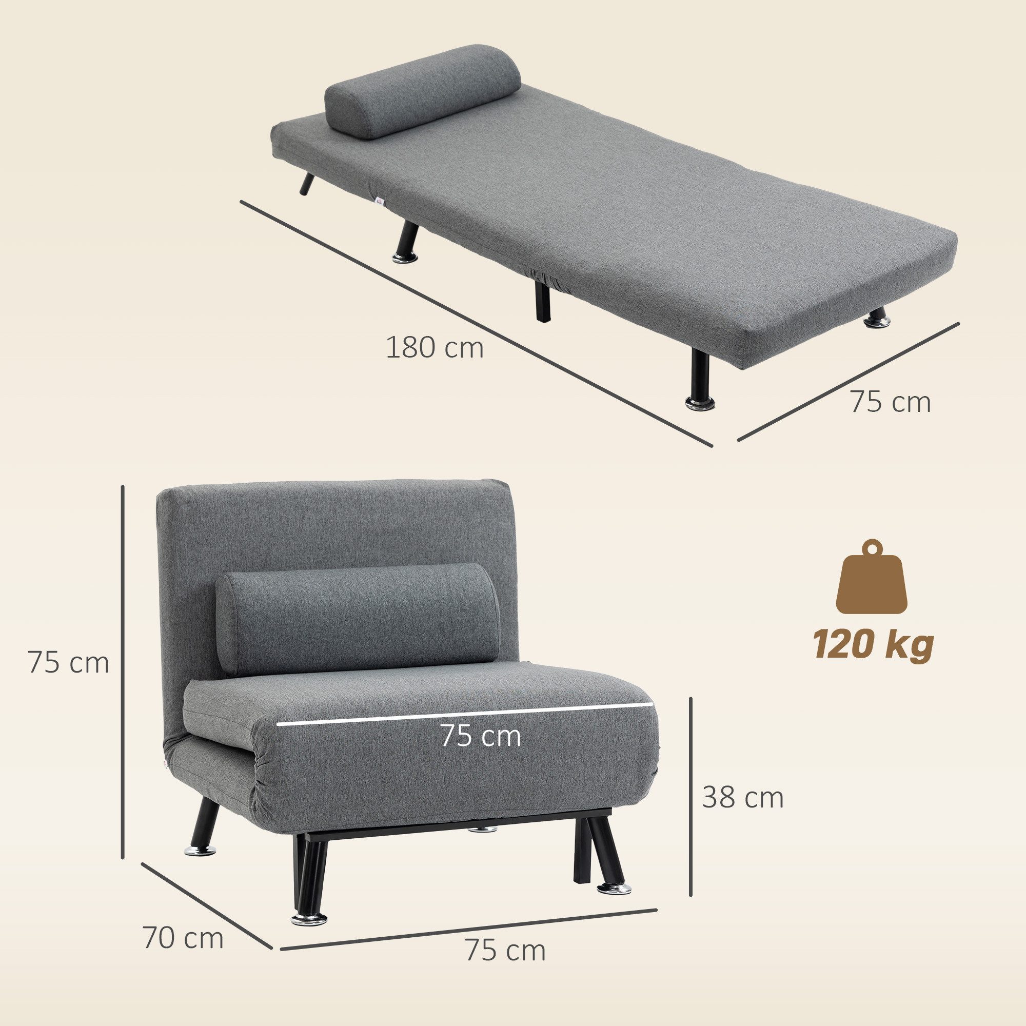 HOMCOM Sessel Schlafsofa mit Bettfunktion Verstellbarer Rückenlehne Kissen (Klappbett, 1-St., Schlafsessel), für Wohnzimmer, Dunkelgrau