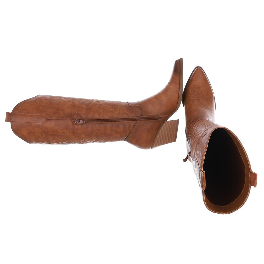 Ital-Design Elegante Stiefeletten mit hohem Absatz für Damen Westernstiefel (90153161) Blockabsatz Stiefel in Camel