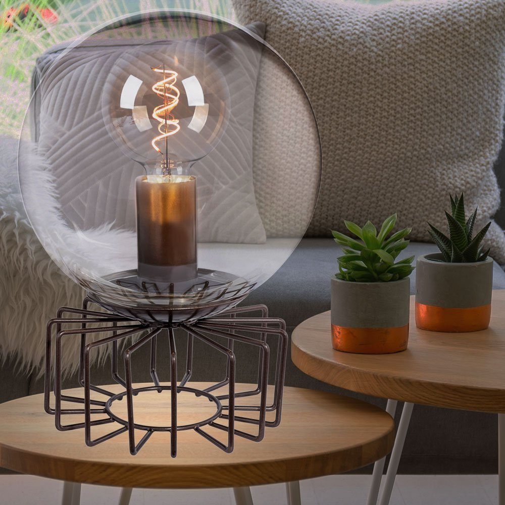 Tischleuchte, Retro LED Zimmer Kugel Glas Warmweiß, etc-shop Lampe inklusive, Leuchtmittel Vintage bronze Wohn Tisch