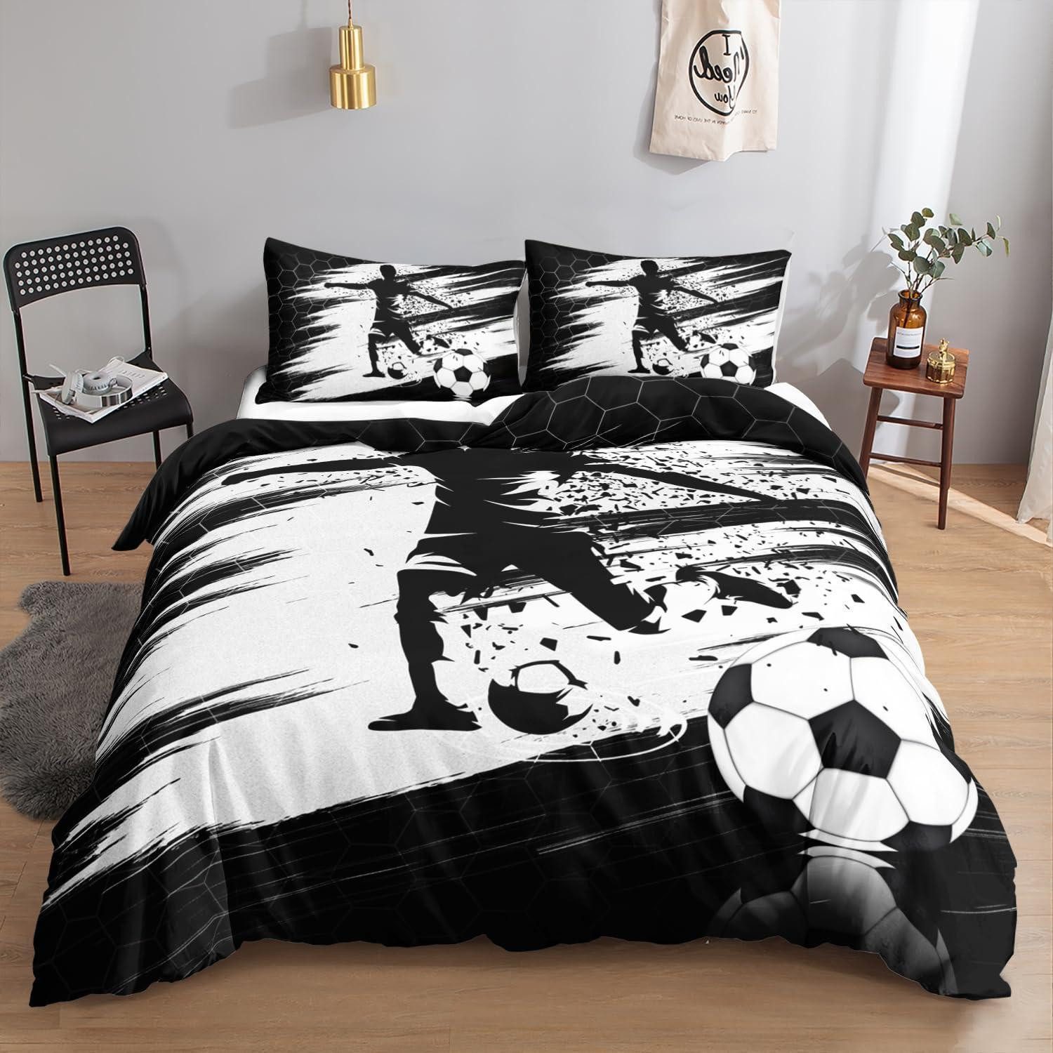LuxusKollektion Jugendbettwäsche Bettwäsche Fußball 135x200cm Schwarz Weiß