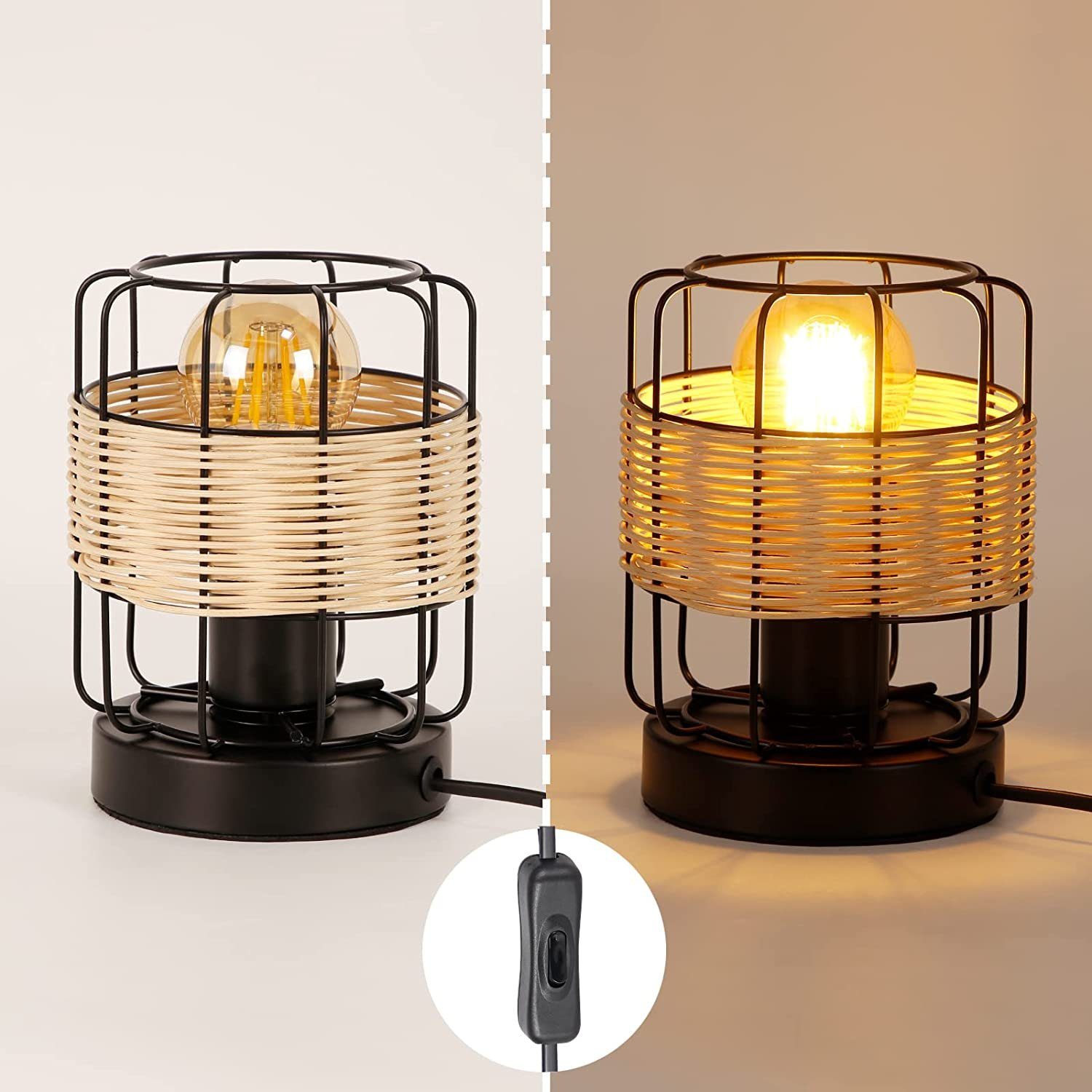 wechselbar Schwarz Retro Tischlampe Rattan aus Tischleuchte LED E27, Kleine Boho Nettlife Lampe Metall