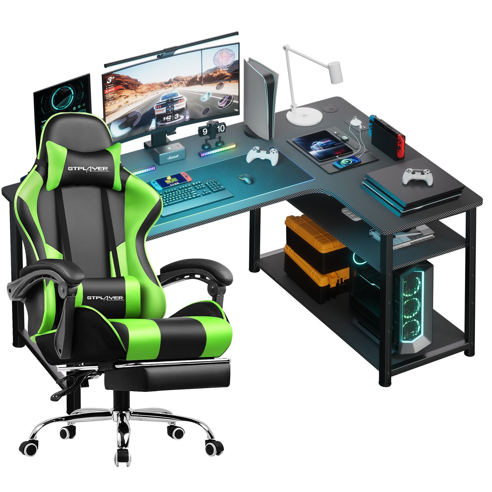 GTPLAYER Gamingtisch Gaming Tisch + Gaming Stuhl- Set, Computertisch Stuhl Set für Gaming, Multifunktionale Tische und Stühle