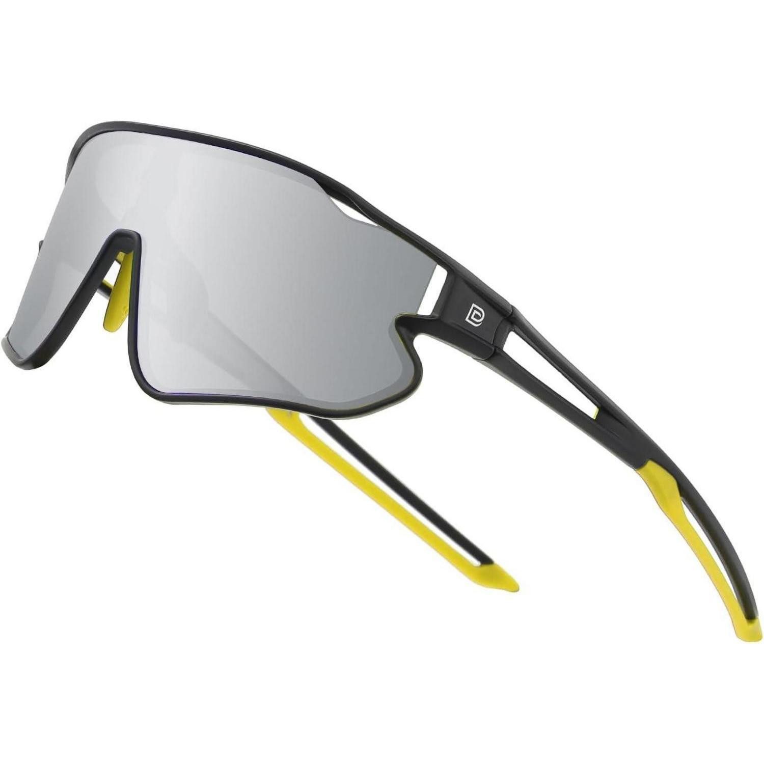 Fahrradbrille Sonnenbrille Kinder UV400 Schwarz Rahmen Gelb Temple Mirrored Linse