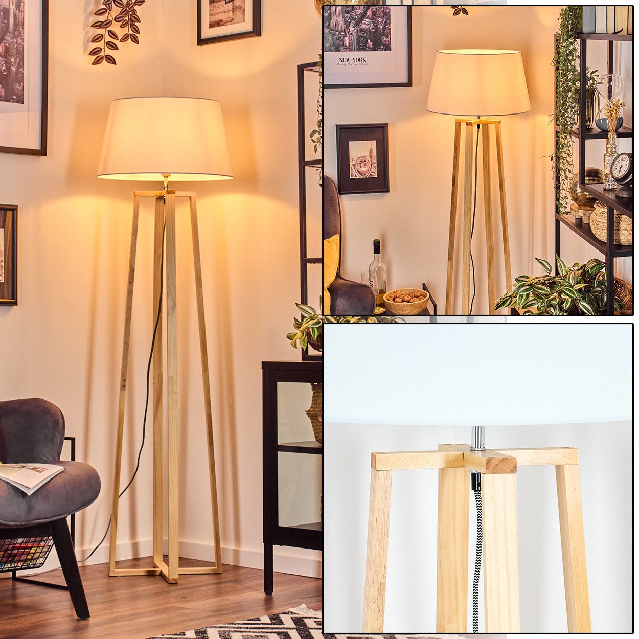 Stehlampe Stehlampe mit Holzfuß und Schirm aus Stoff