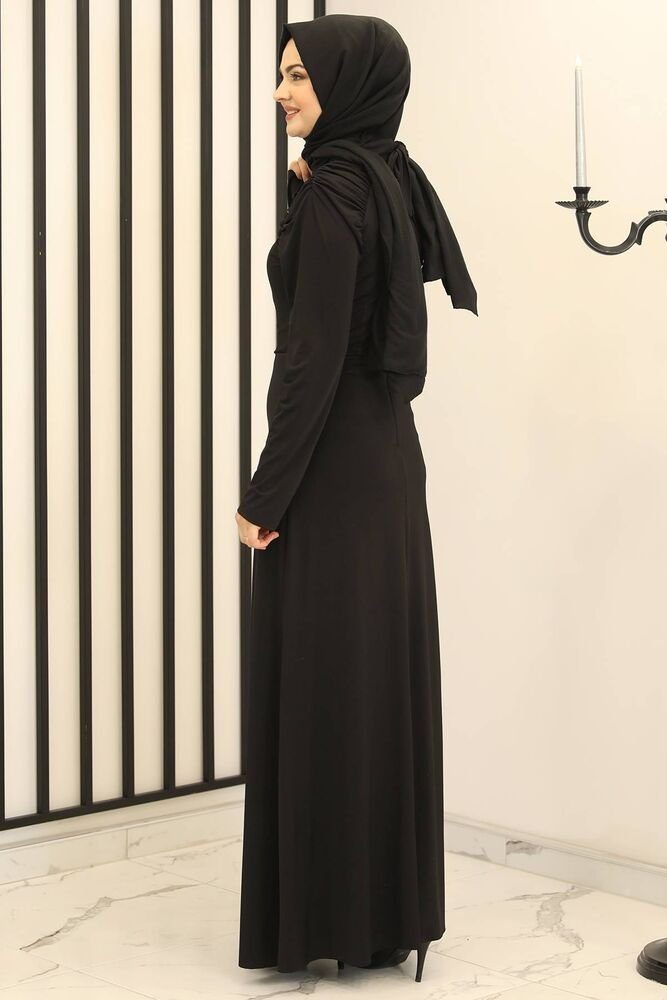 Modavitrini Abendkleid Damen Kleid Schwarz Hijab Abaya mit Abiye elastisch Raglanärmeln