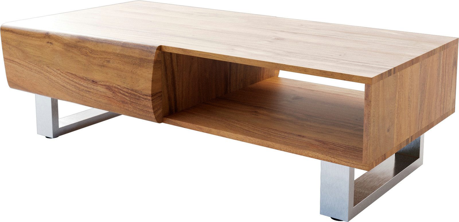 DELIFE Couchtisch New, Live-Edge Akazie Natur 115x60 cm 2 Schubladen 1 Fach Kufe Edelstahl ge