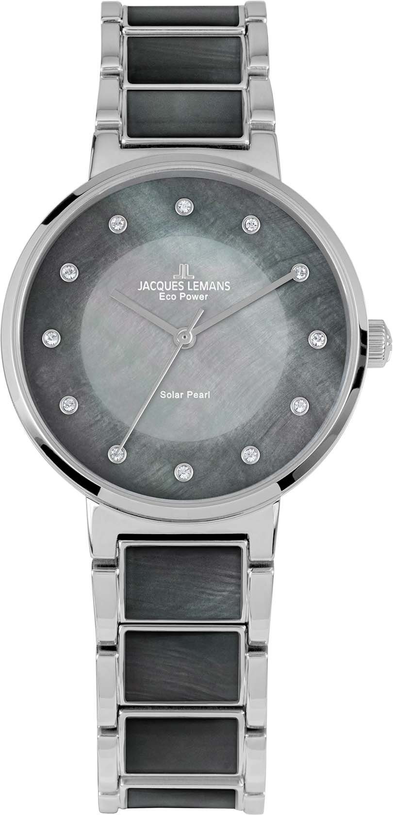 Jacques Lemans Solaruhr Eco Power Solar Pearl 1-2108A, Armbanduhr, Damenuhr, Perlmutt-Zifferblatt, Swarovski-Kristalle