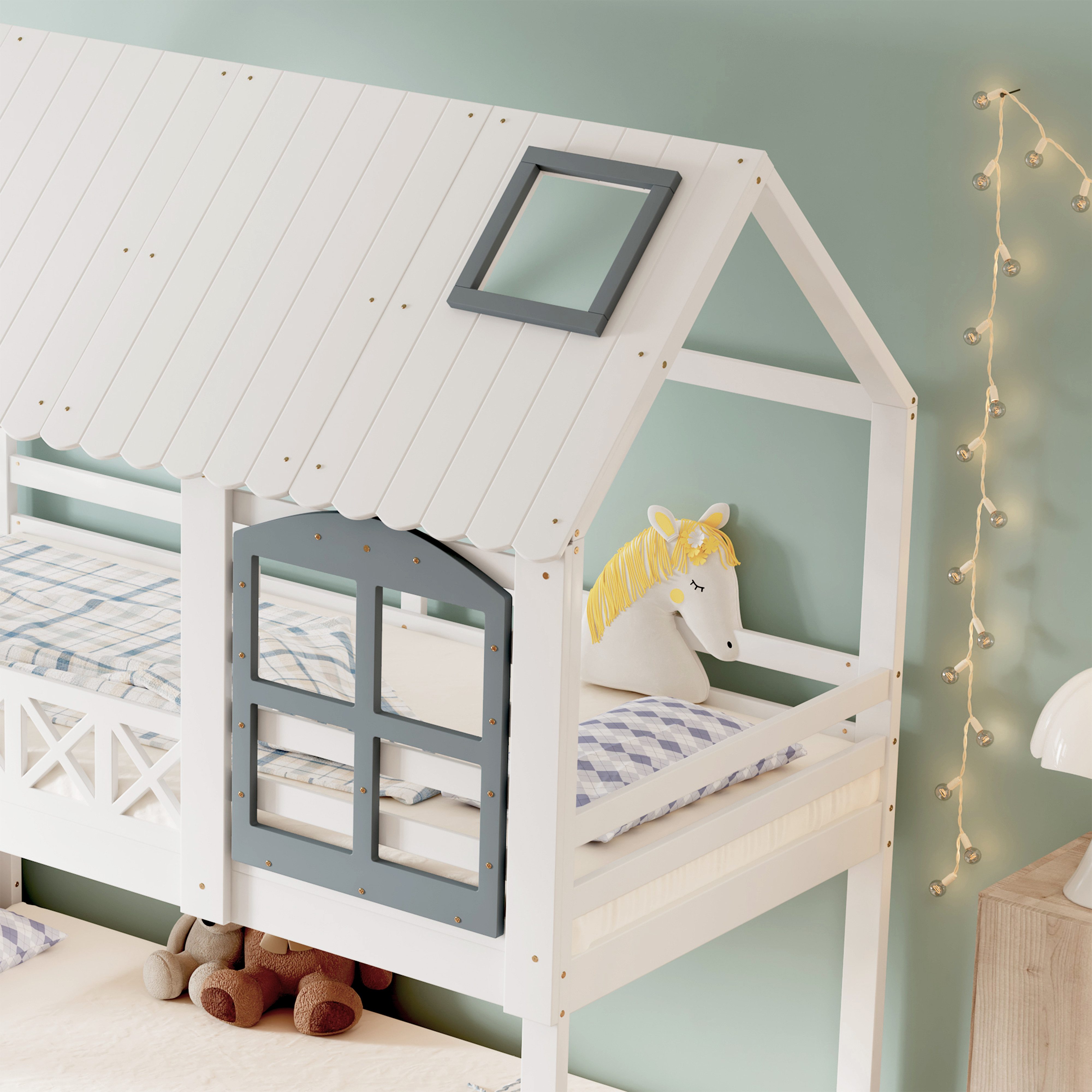 Merax bunk bed (3 lockers in the stairs, 1-pc., pine wood bed, youth bed, house bed with safety rail), children's bed 90x200cm with storage stairs, loft bed with window & roof