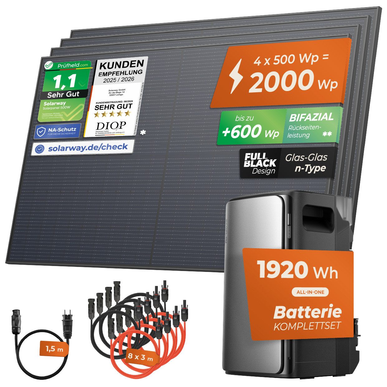 Solarway Balkonkraftwerk 2000Wp / 800W mit 1,9kWh EcoFlow Speicher komplett Steckdose, 2000 W, Monokristallin, (Spar-Set), Steckdose - 1,9 kWh EcoFlow Stream Ultra - Solaranlage Komplettset -