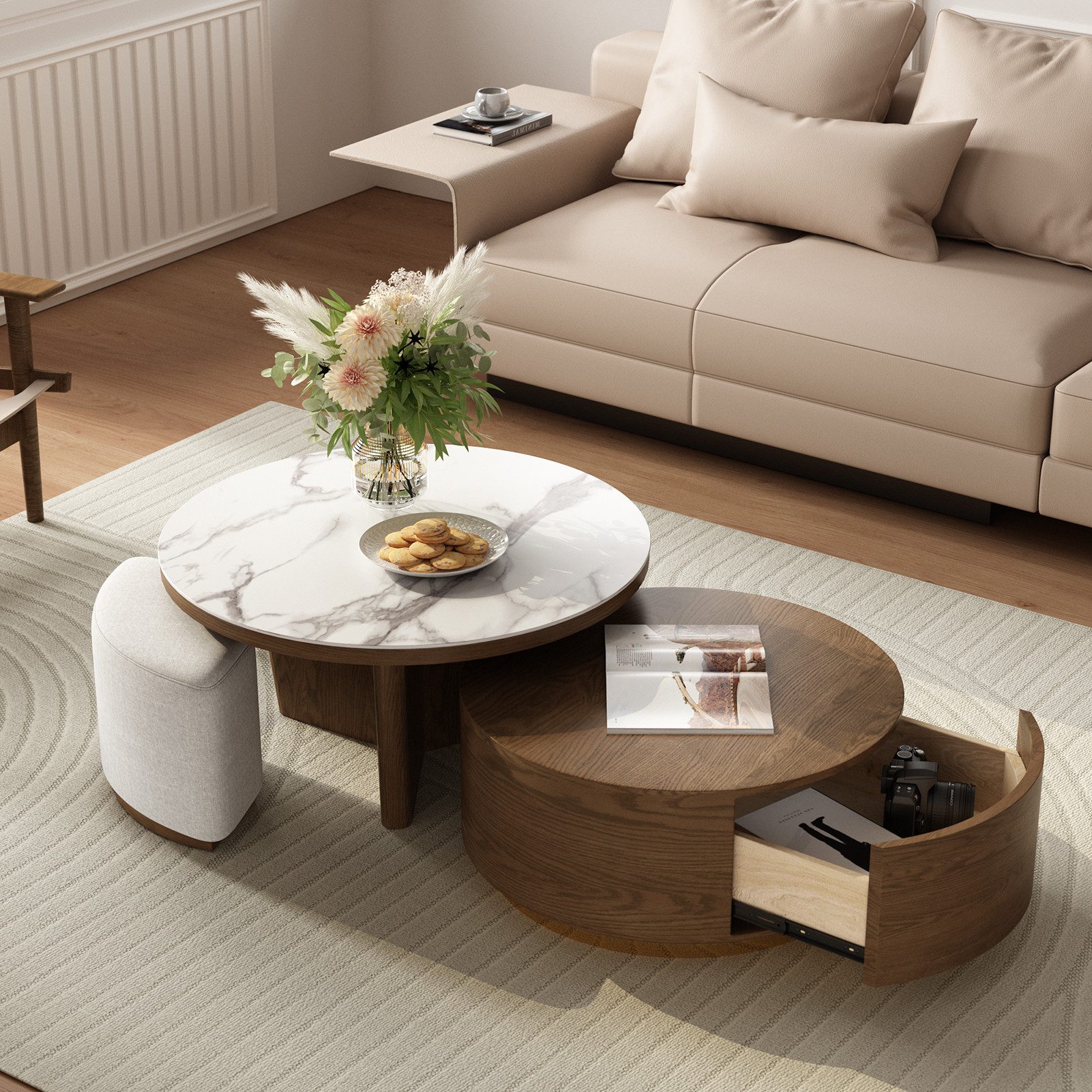 Graceabode Couchtisch mit 2 Beistelltischen aus Walnuss, runder Stein-Marmortisch (1-St), Wohnzimmer tisch mit Schublade und Hockern